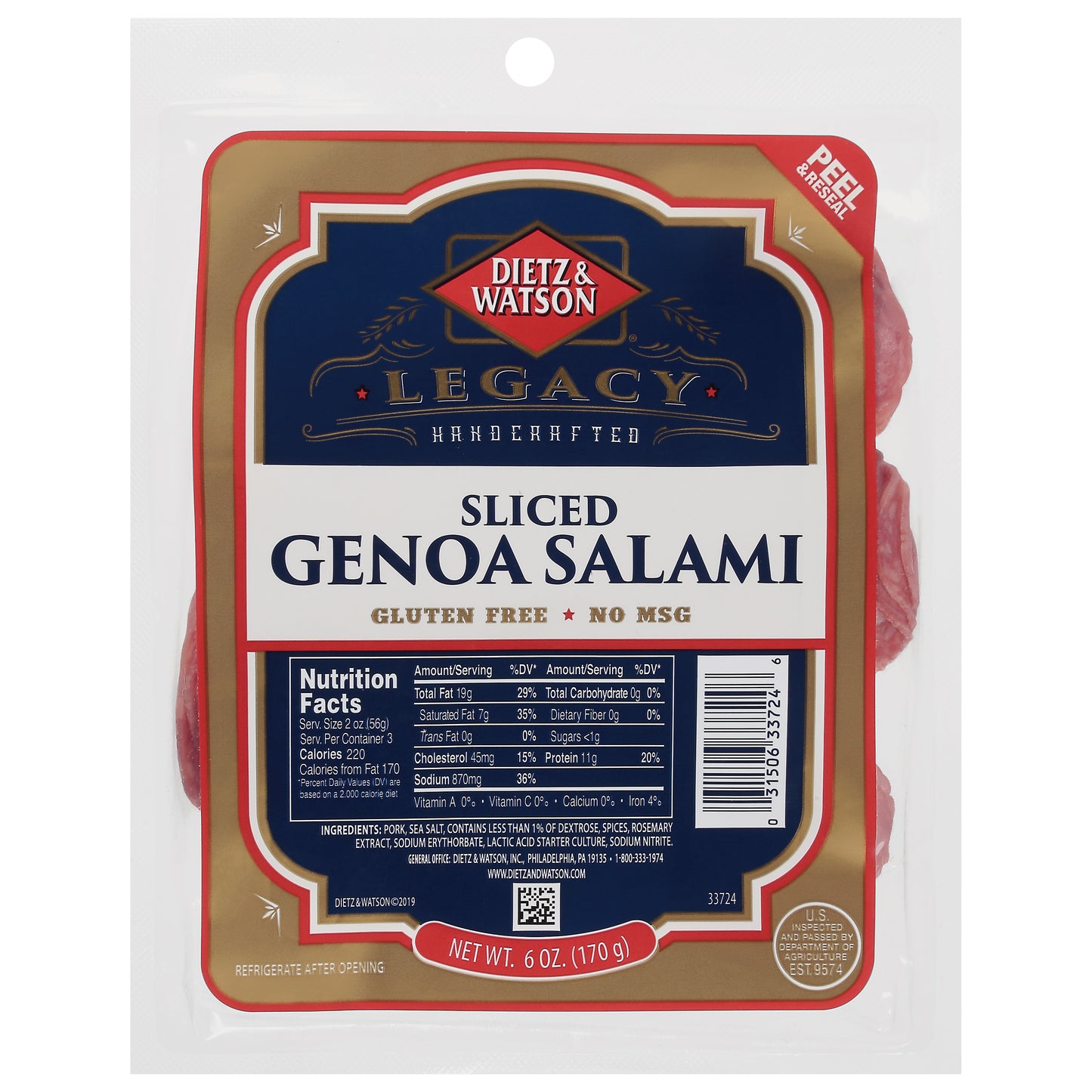 Dietz And Watson Salami Genoa Pillow Pack 3.38 Lb (Pack Of 9)