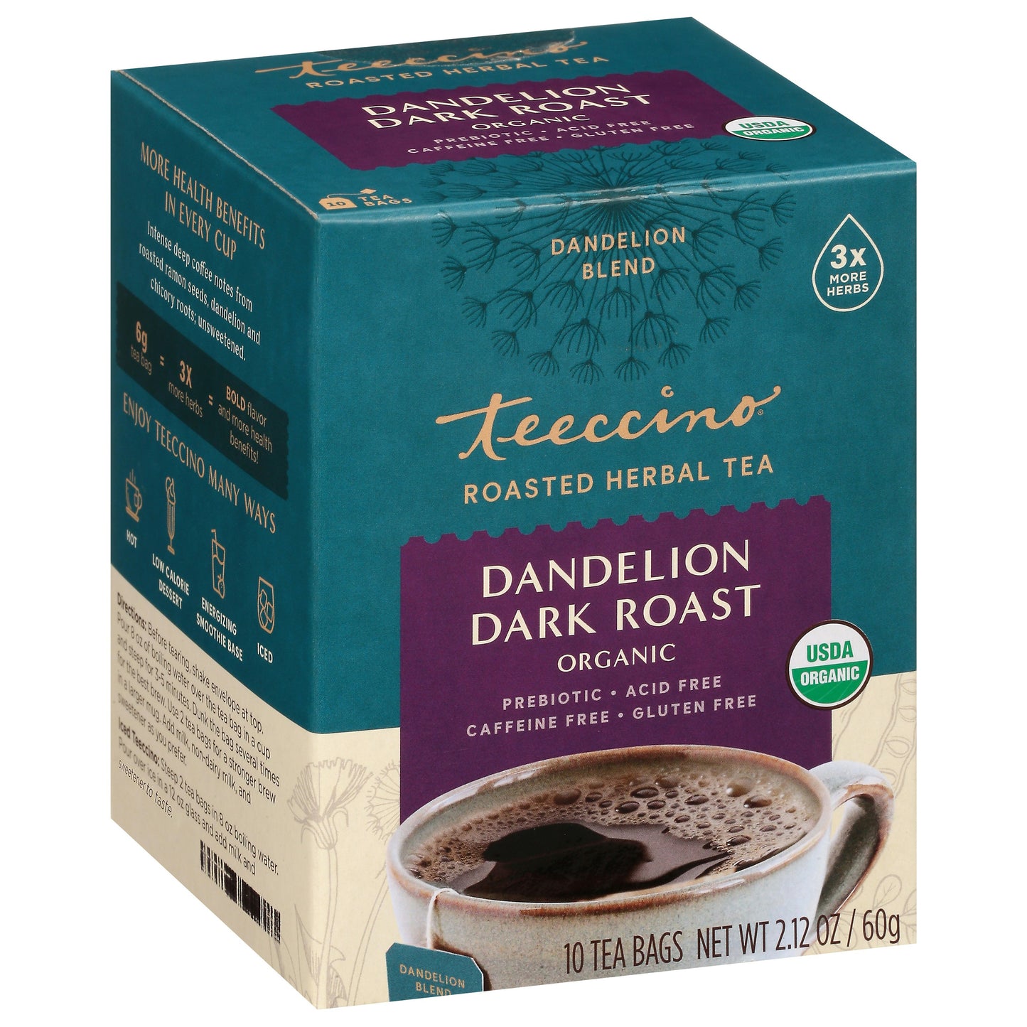 Teeccino Tea Dlion Dark Roast Single Serve 10 Ct Pack of 6