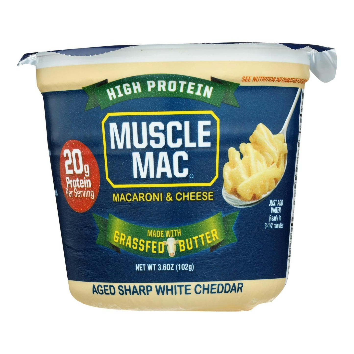 Muscle Mac High Protein Aged Sharp White Cheddar Macaroni & Cheese 3.6 oz (Pack of 12)