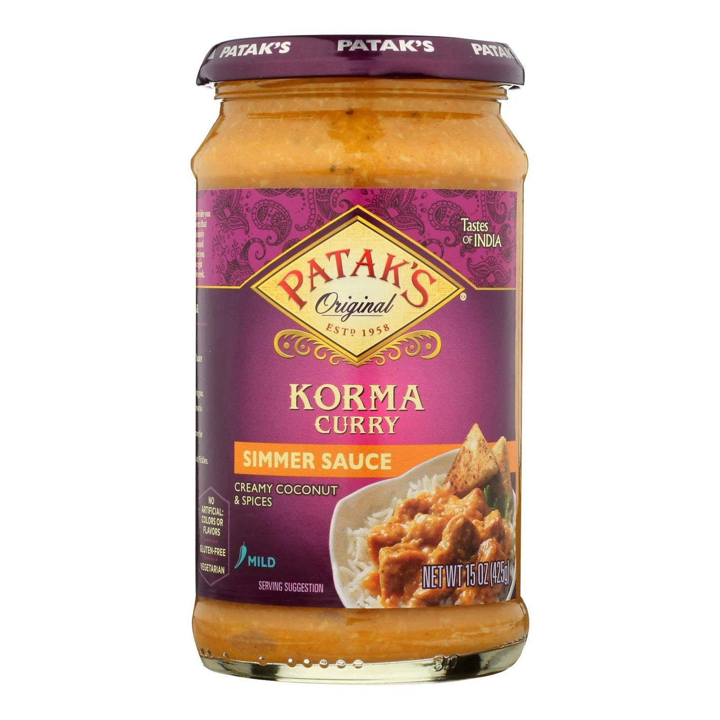 Pataks Simmer Sauce Korma Curry Cream Coconut & Spices Mild Gluten Free 15 Oz Pack of 6