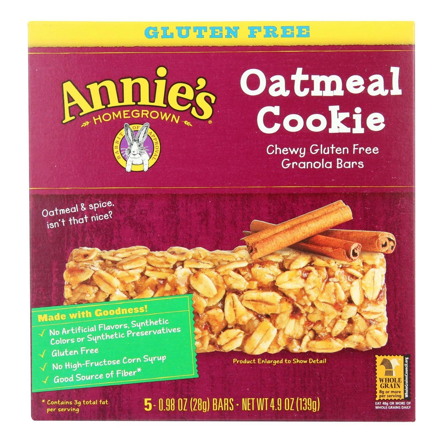 Annie's Homegrown Chewy Gluten Free Granola Bars Oatmeal Cookies 4.9 oz (Pack of 12)