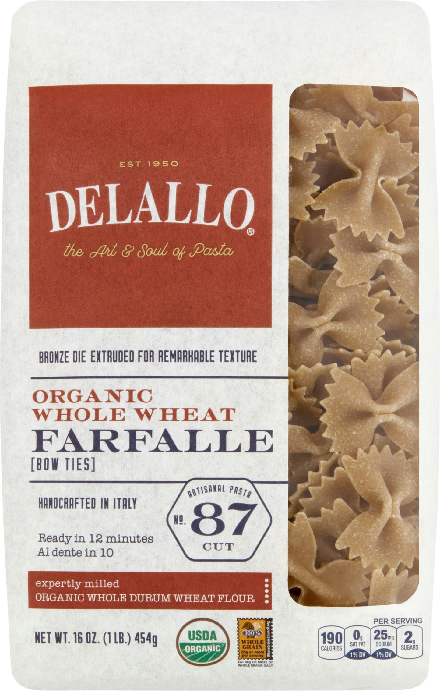 Delallo Pasta Whole Wheat Farfalle 16 Oz Pack of 8