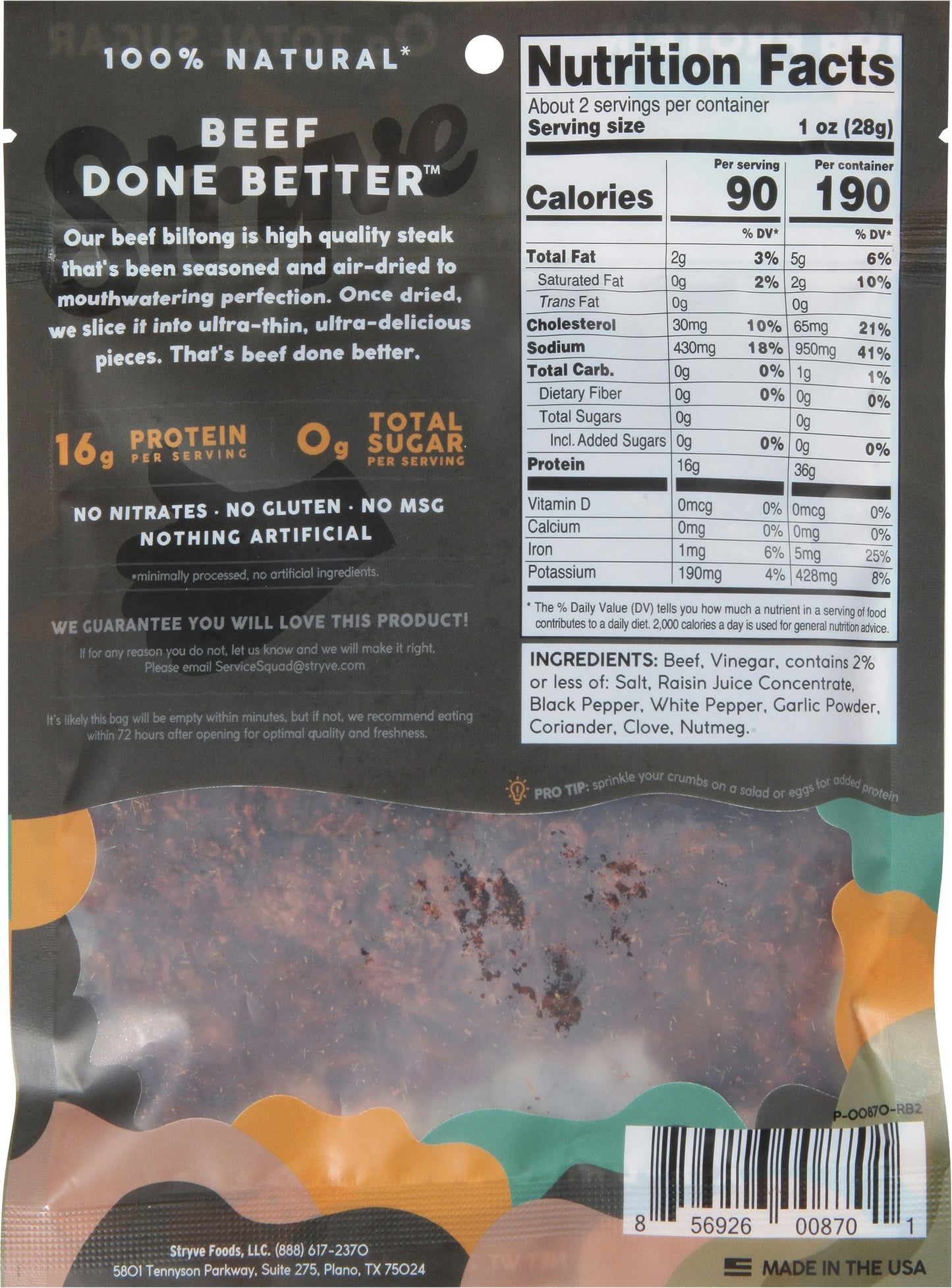 Stryve Protein Snacks Jerky Biltong Peppered 2.25 Oz Pack of 12
