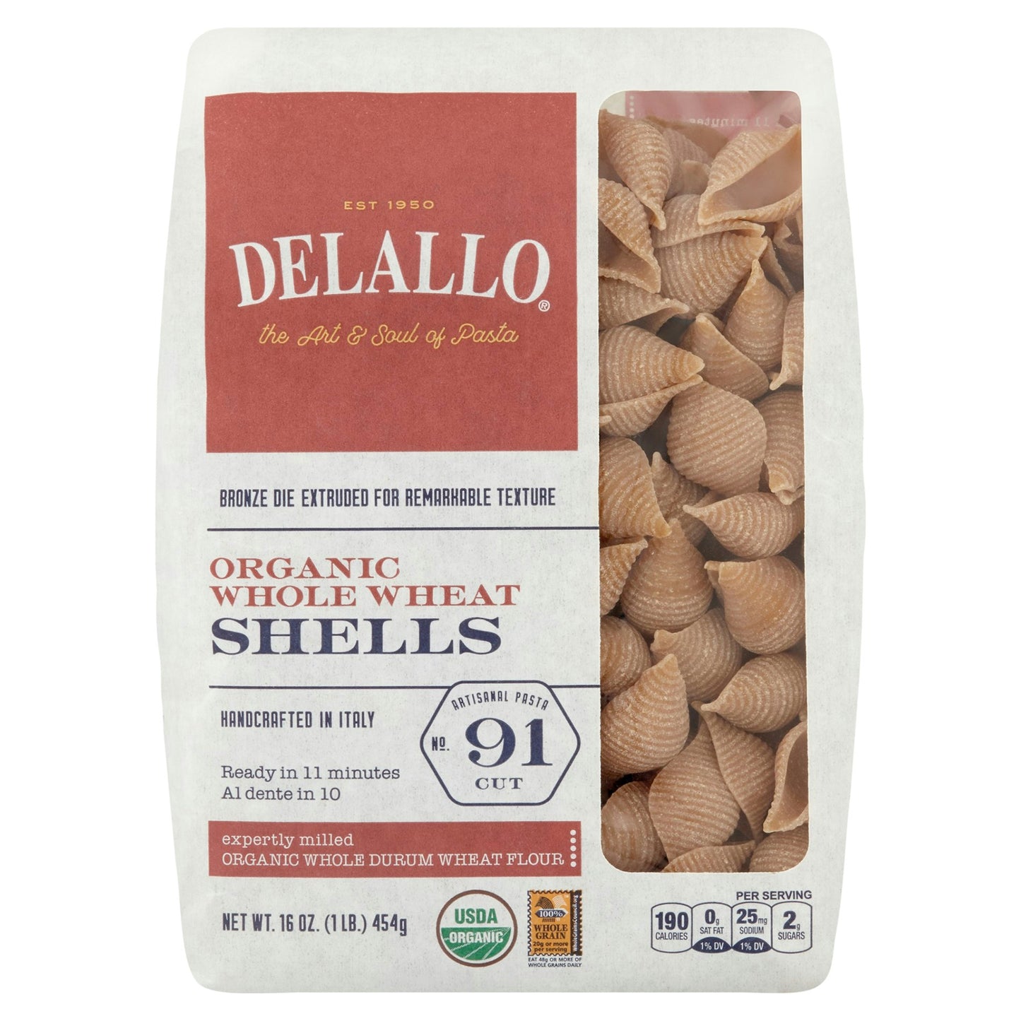 Delallo Pasta Whole Wheat Shell 16 Oz Pack of 8