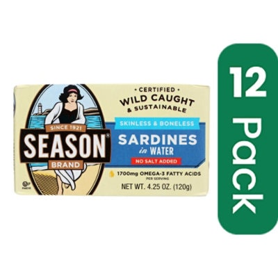 Season Brand Skinless and Boneless Sardines in Water - No Salt Added - 4.25 oz (Pack of 12)