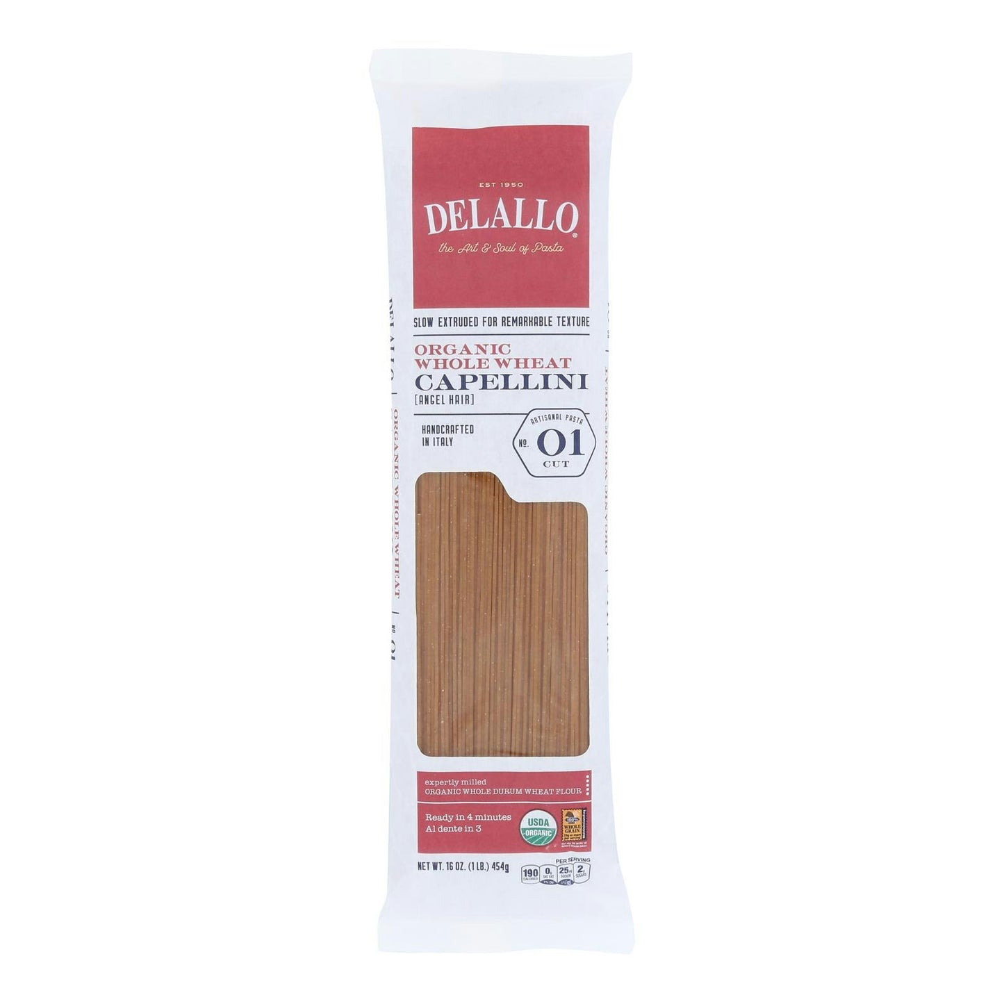 Delallo - Organic Whole Wheat Capellini Pasta 1 lb (Pack of 16)