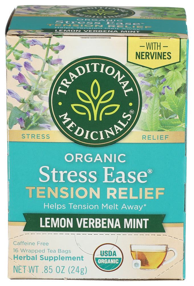Traditional Medicinals Organic Stress Ease Lemon Verbena Mint - 16 Bags per Pack - 6 Packs per case.