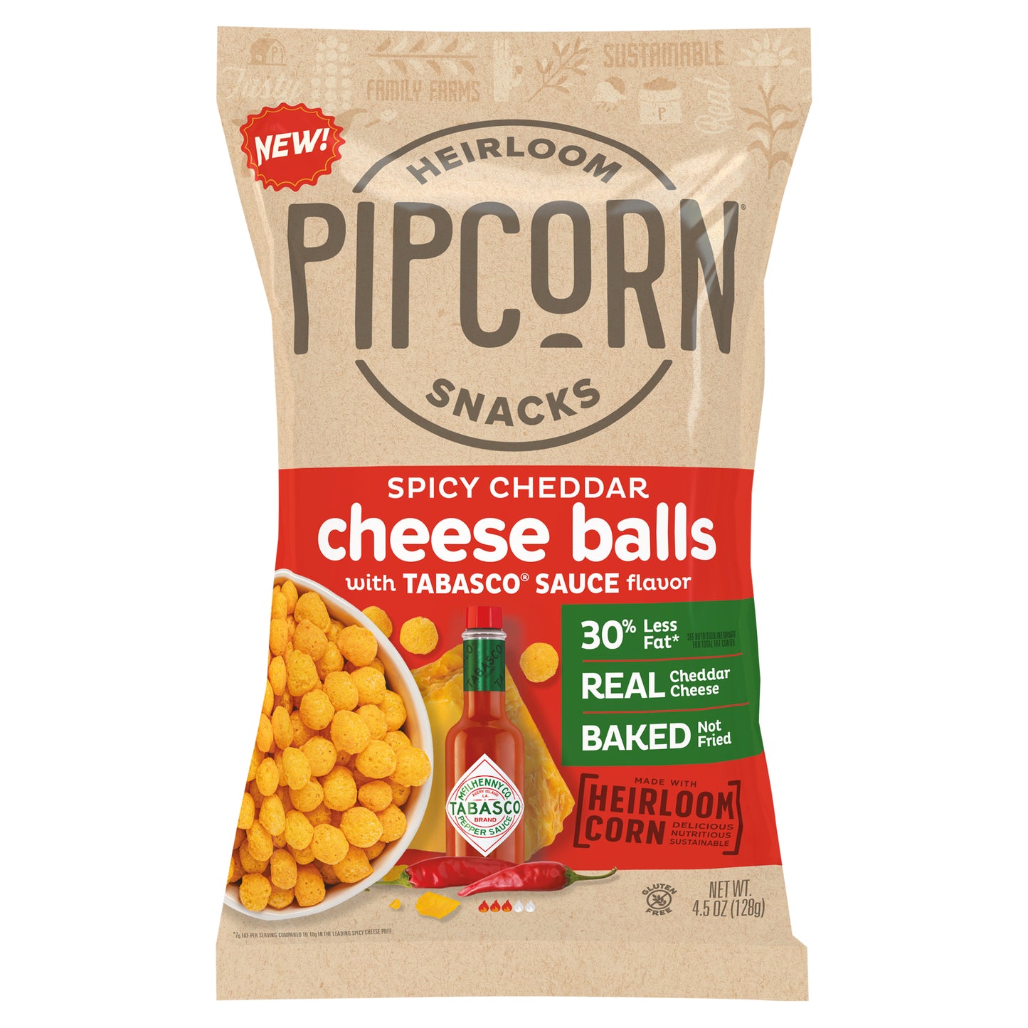 Pipcorn Cheese Balls Cheddar Tabasco 4.5 oz (Pack Of 12)