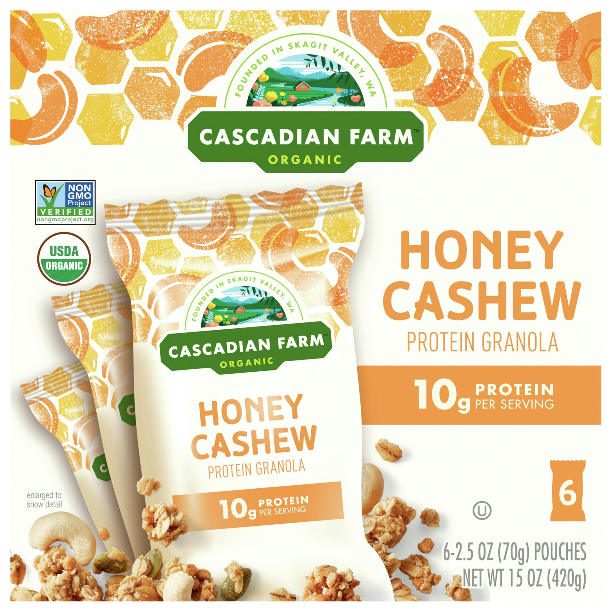 Cascadian Farm Honey Cashew Protein Granola 15 oz (Pack of 3)