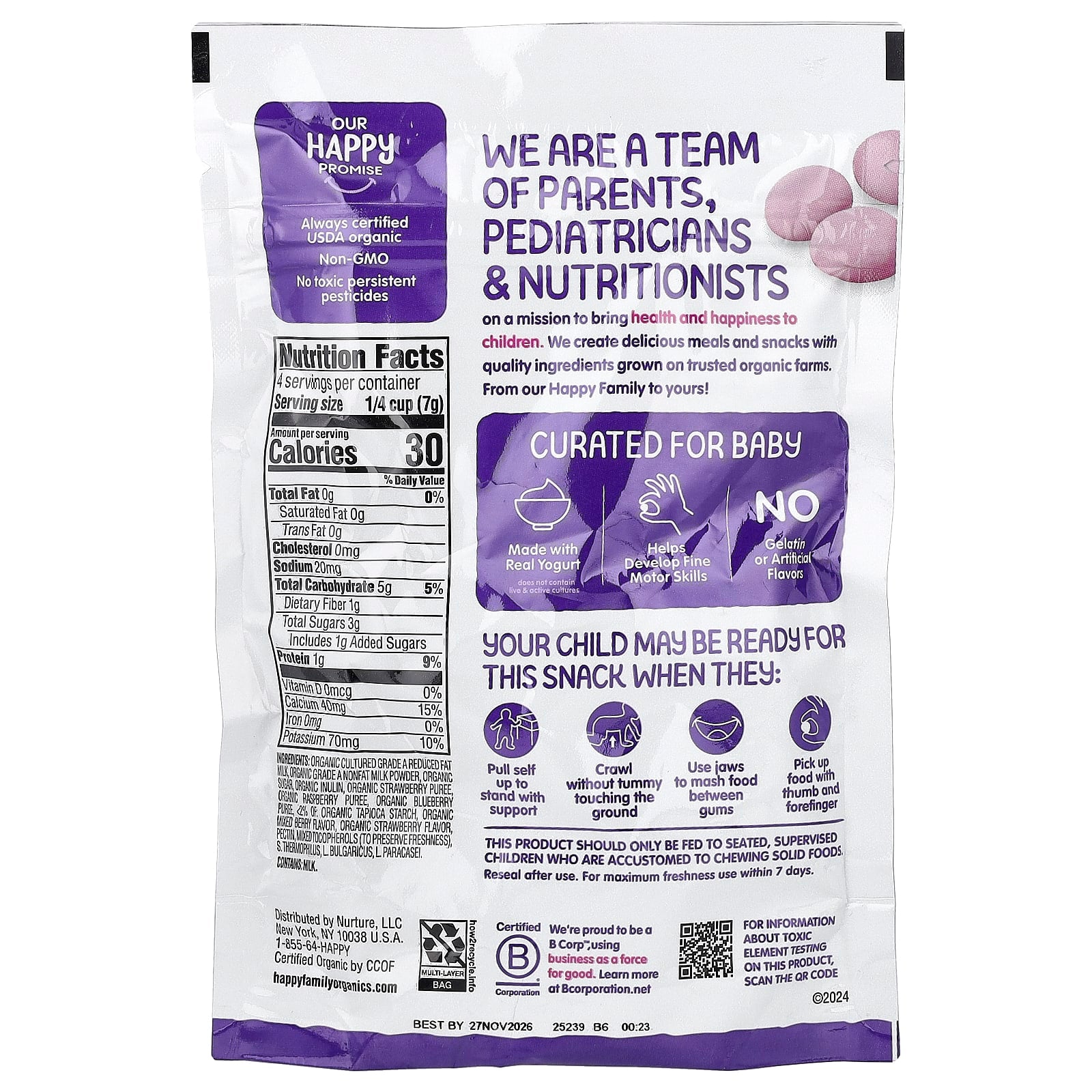HAPPY BABY (Pack Of 12) Happy Baby Snack Yogurt Mixed Berry Organic 1 Oz