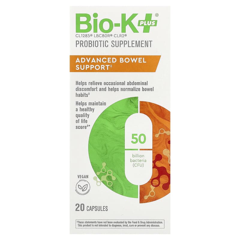 BIO K (Pack of 2) Bio K Probiotic Bowel Support Vegetarian Capsules 20 Capsules