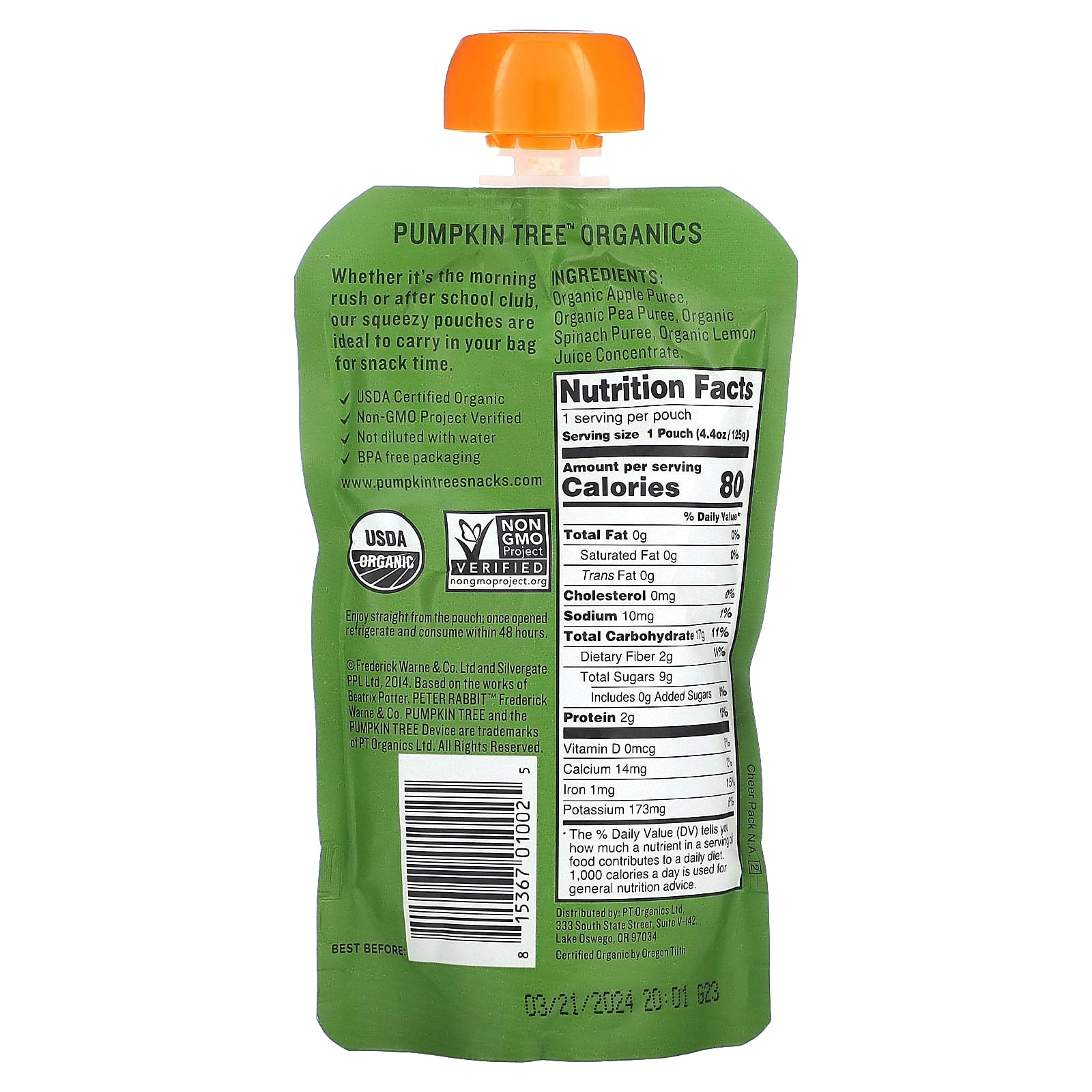 PETER RABBIT (Pack Of 20) Peter Rabbit Baby Pea Spinach Apple Organic 4.4 Oz