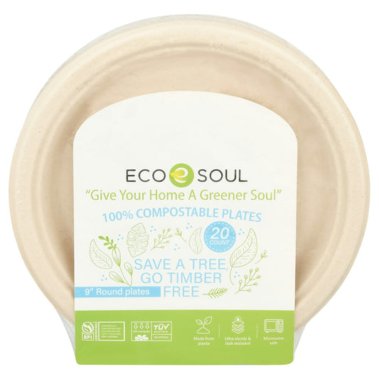 Ecosoul - Round Plate 9 Inch Bagasse 20 Count (Pack of 8)