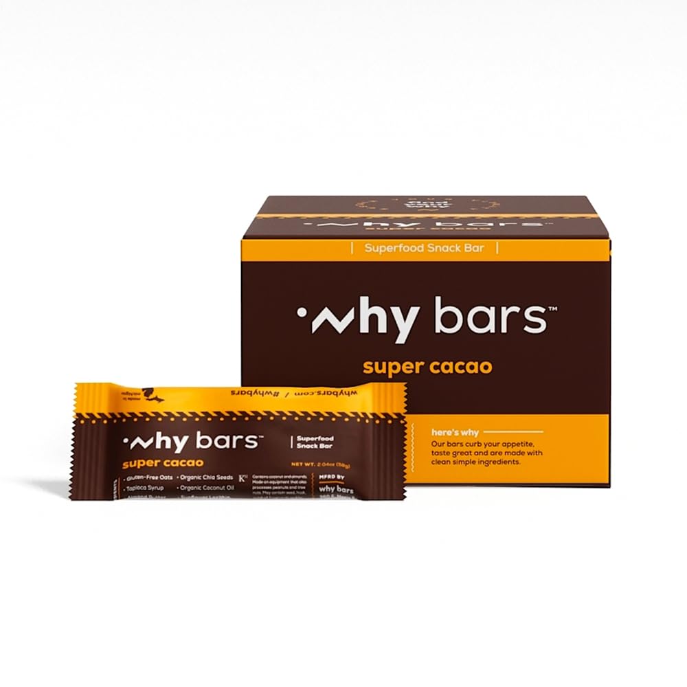 Why Bars, Superfood Protein Bars, 2.04 Ounce Bars - Protein Bar Superfood, Gluten Free, Non GMO, Organic, Vegan, Simple Ingredients (Cacao)