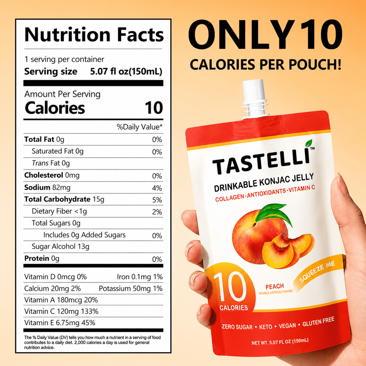 TASTELLI (Pack of 20) Tastelli Peach Jelly with Collagen Natural Fruit Spread 5.07 Fl Oz