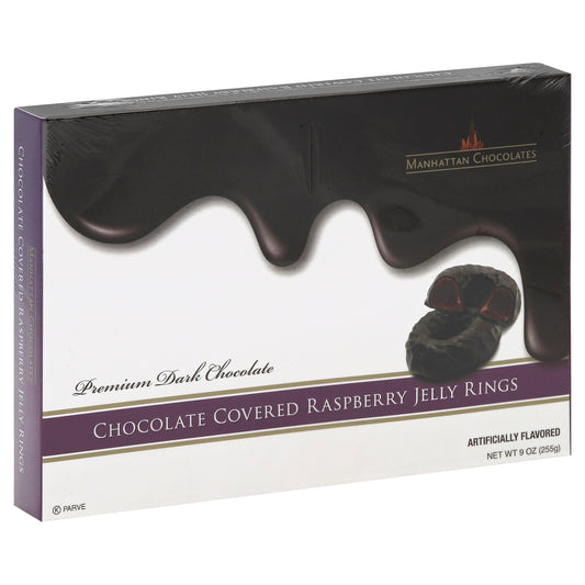 Manhattan Chocolates Jelly Rings Chocolate Covered Raspberry Box - 9 Oz (Pack of 12)