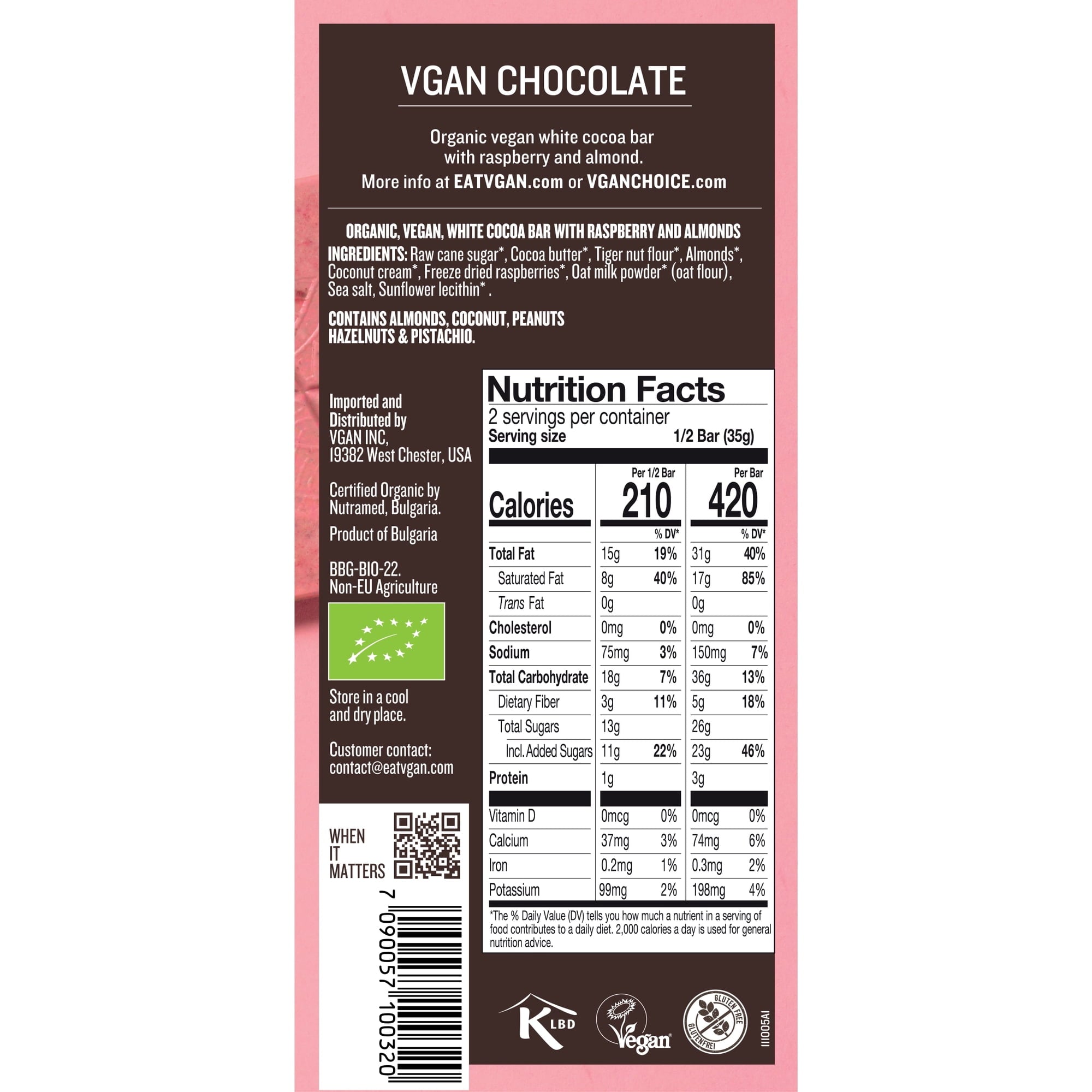 Vgan Chocolate Bar White Raspberry Almond