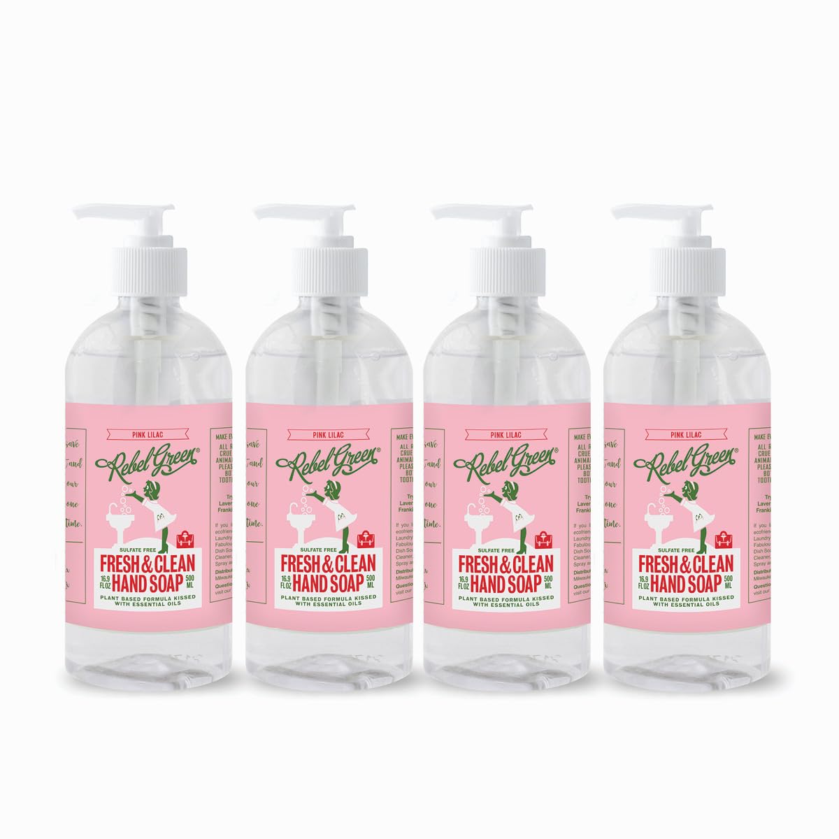 Rebel Green Liquid Hand Soap - Natural Hand Soap Pump Bottles - Bathroom & Kitchen Hand Soap - Hand Wash with Fresh Pink Lilac Scent - (16.9 oz Bottles, 4 Pack)