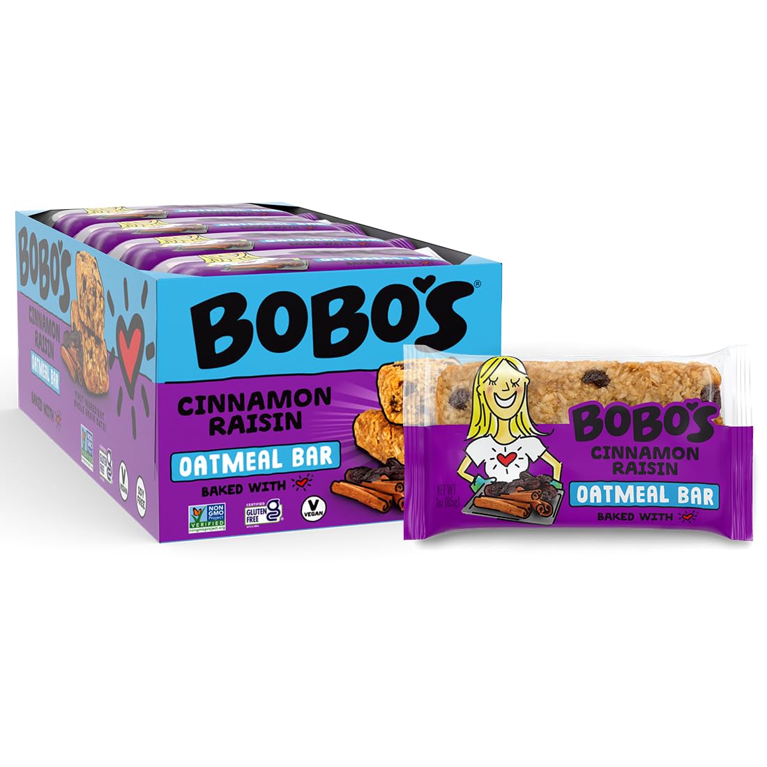 Bobo's Cinnamon Raisin Oat Bars, Gluten Free, Non-GMO, Whole Grain Oats, Snack Bars / On-the-Go / Made with Simple Ingredients