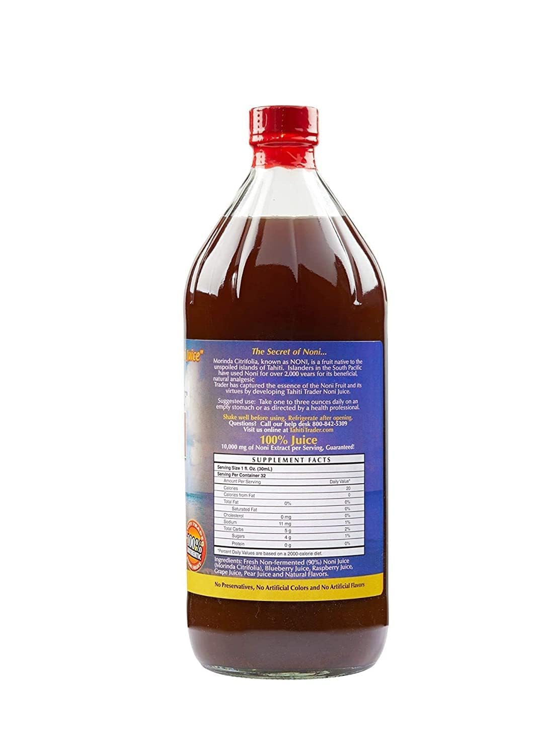 Tahiti Trader Original High Potency Noni Juice - Pure Noni Fruit Juice with Blueberry & Raspberry - Organic Antioxidant Superfood Supporting Energy & Body Health - (32oz, 1 Pack)