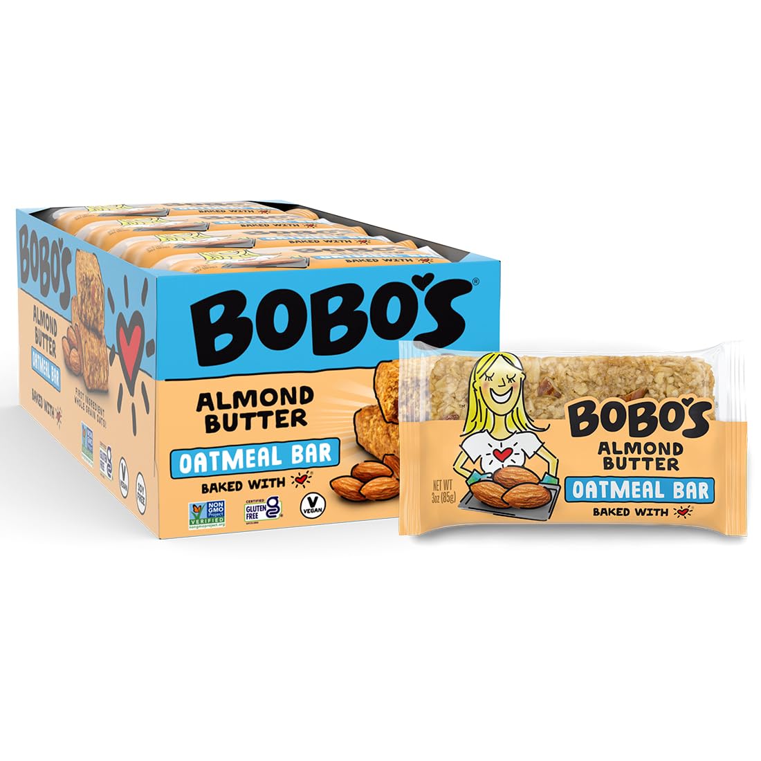 Bobo's Almond Butter Oat Bars, Gluten Free, Non-GMO, Whole Grain Oats, Snack Bars / On-the-Go / Made with Simple Ingredients