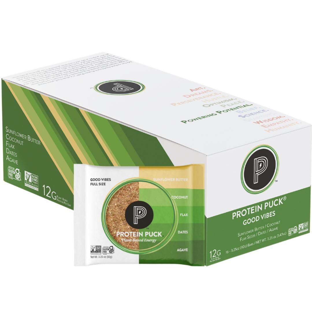 Protein Puck Plant Based Bars / Snacks with Vegan Protein / 16 Count / 3.25 oz Full Size / Gluten Free, Non Dairy, Kosher Certified Non GMO Premium Healthy Bars / Good Vibes