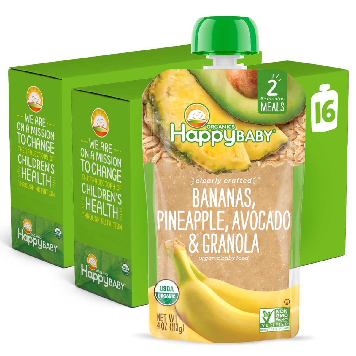 Happy Baby Organics Clearly Crafted Stage 2 Baby Food Bananas, Pineapples, Avocado & Granola, 4 Ounce Pouch (Packaging May Vary)