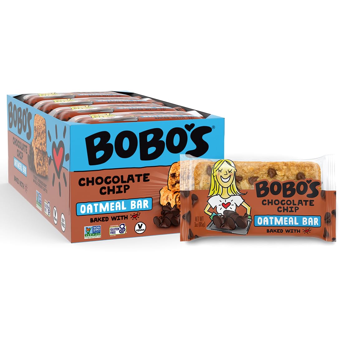 Bobo's Chocolate Chip Oat Bars, Gluten Free, Non-GMO, Whole Grain Oats, Snack Bars / On-the-Go / Made with Simple Ingredients