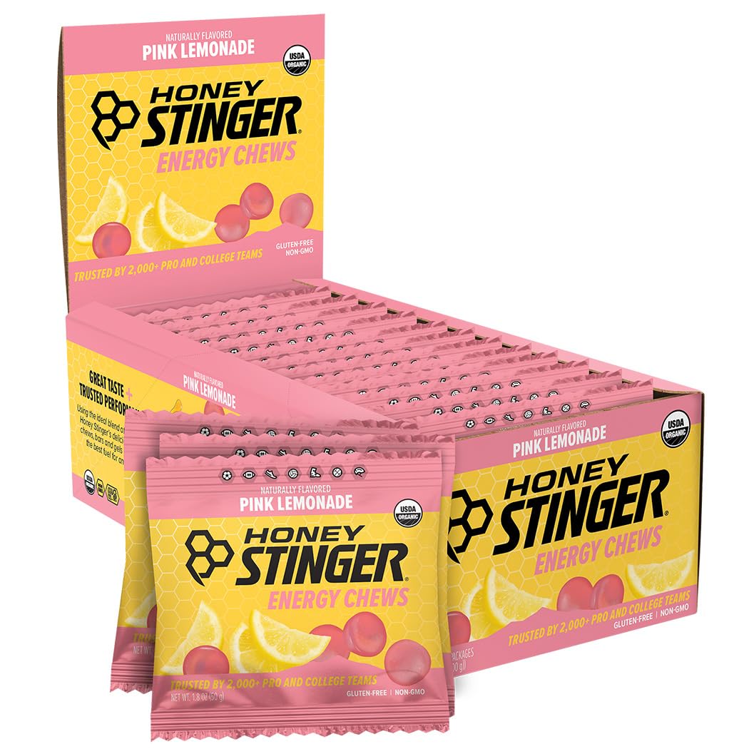 Honey Stinger Organic Pink Lemonade Energy Chew, Gluten Free & Caffeine Free, for Exercise, Running and Performance, Sports Nutrition for Home & Gym, Pre and Mid Workout
