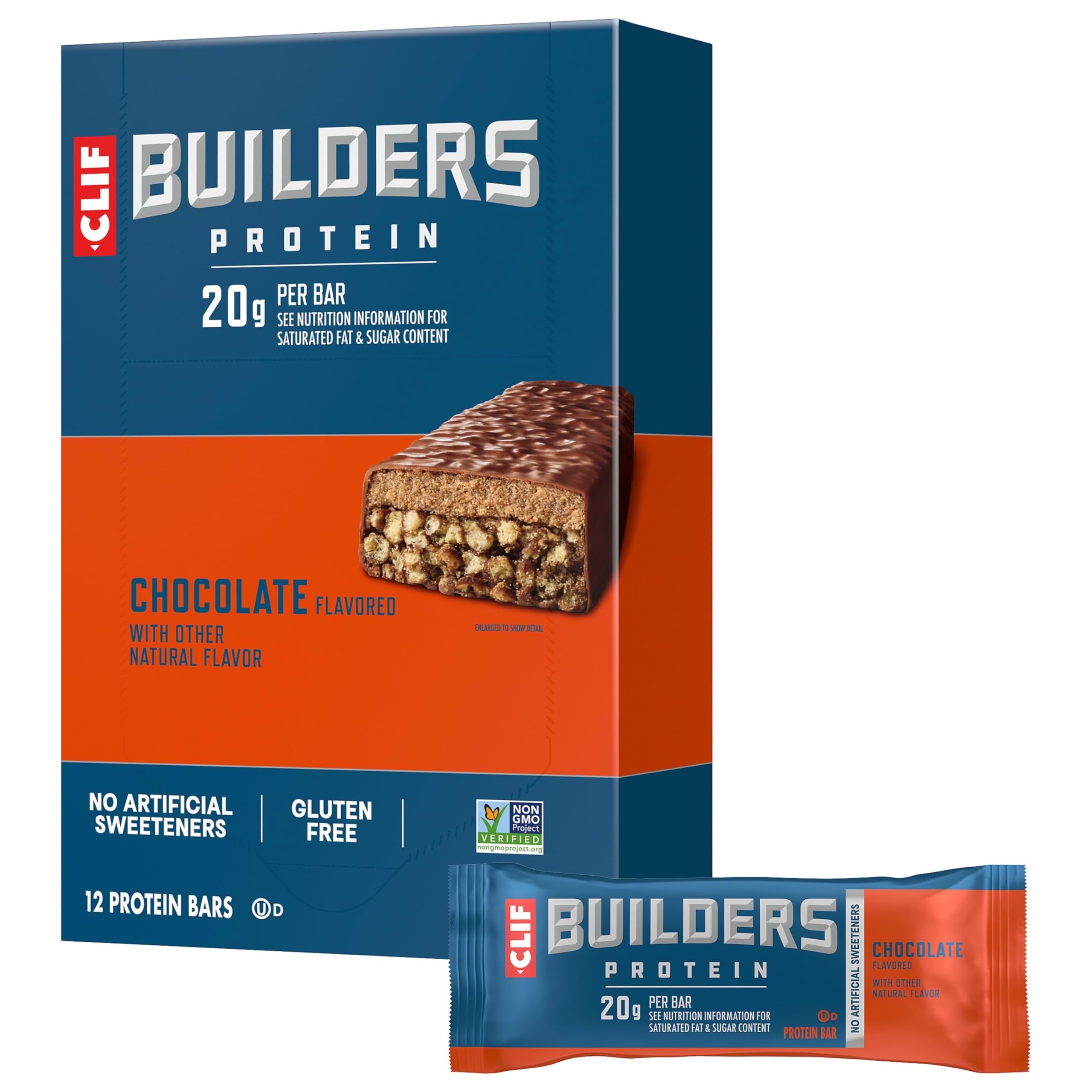 Clif Builders Protein Bars - Chocolate Flavor - 20g Plant Based Protein - Gluten Free - Non-GMO - Low Glycemic - No Artificial Sweeteners - (12 Pack)