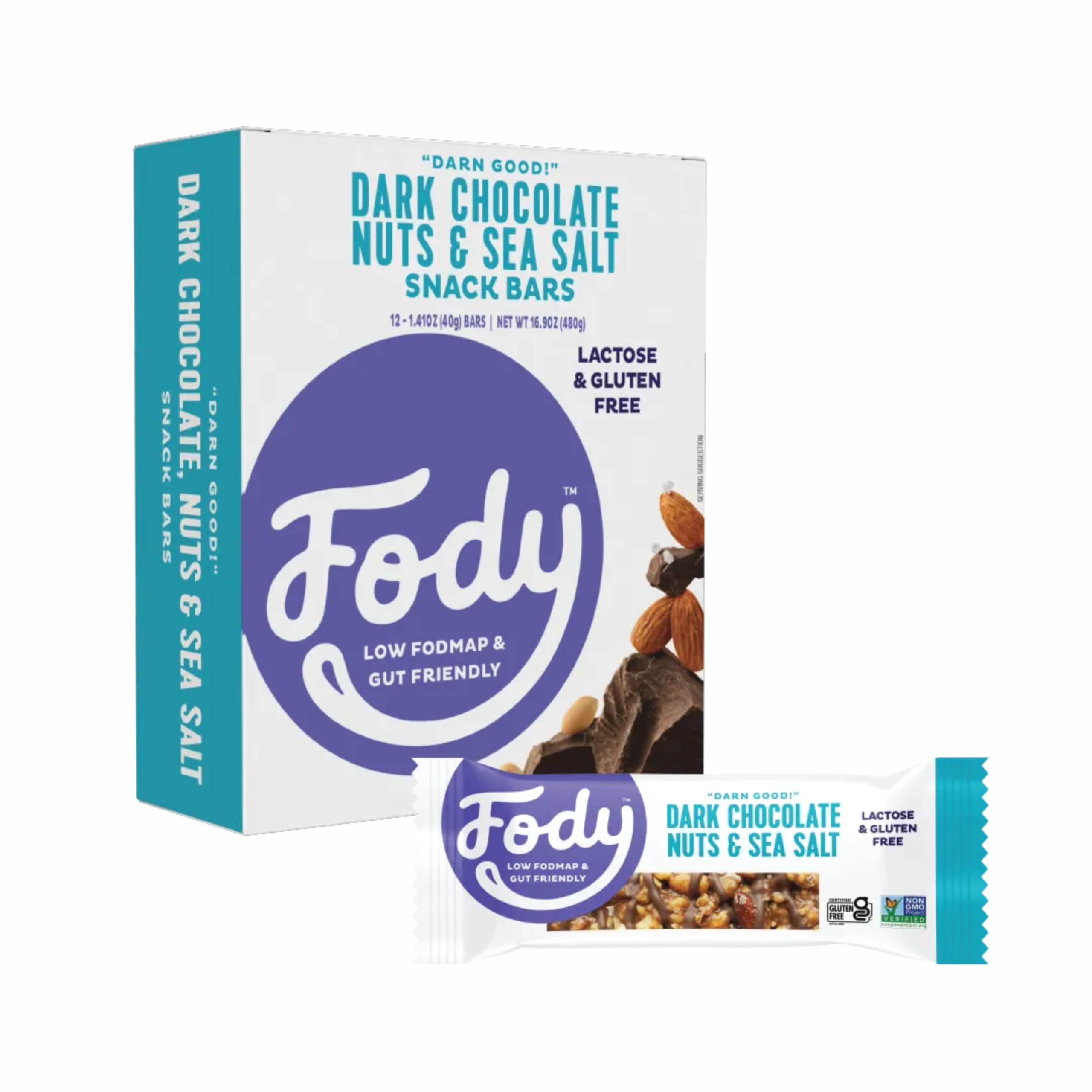 Fody Food Co Fody Foods Snack Bars, Dark Chocolate Nuts & Sea Salt, 1.41 Oz , 5g Protein, Low FODMAP, Gut & IBS Friendly, Vegan, Lactose Free, Non-GMO, Gluten Free