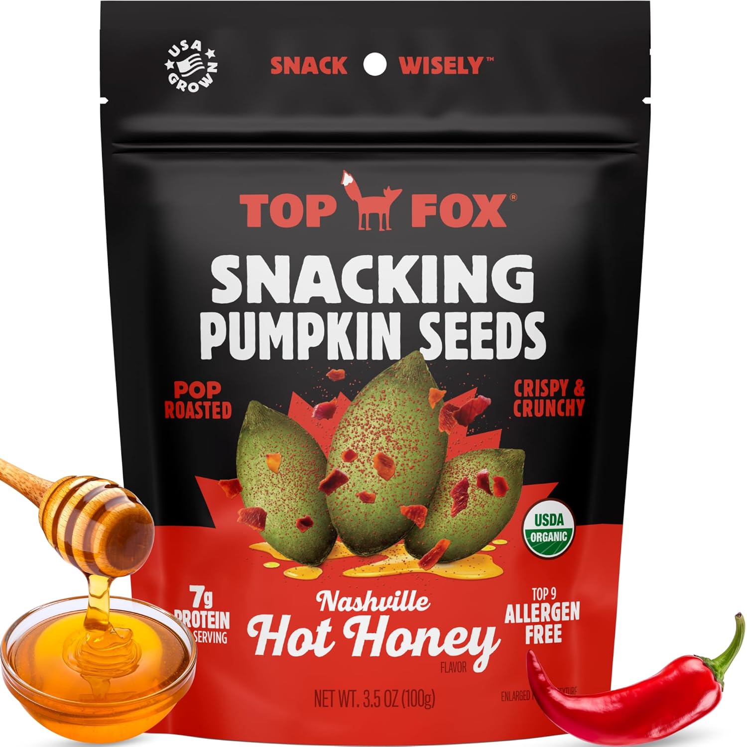 TOP FOX (Pack of 18) Top Fox Pumpkin Seeds Hot Honey Seasoned Seeds 3.5 Oz