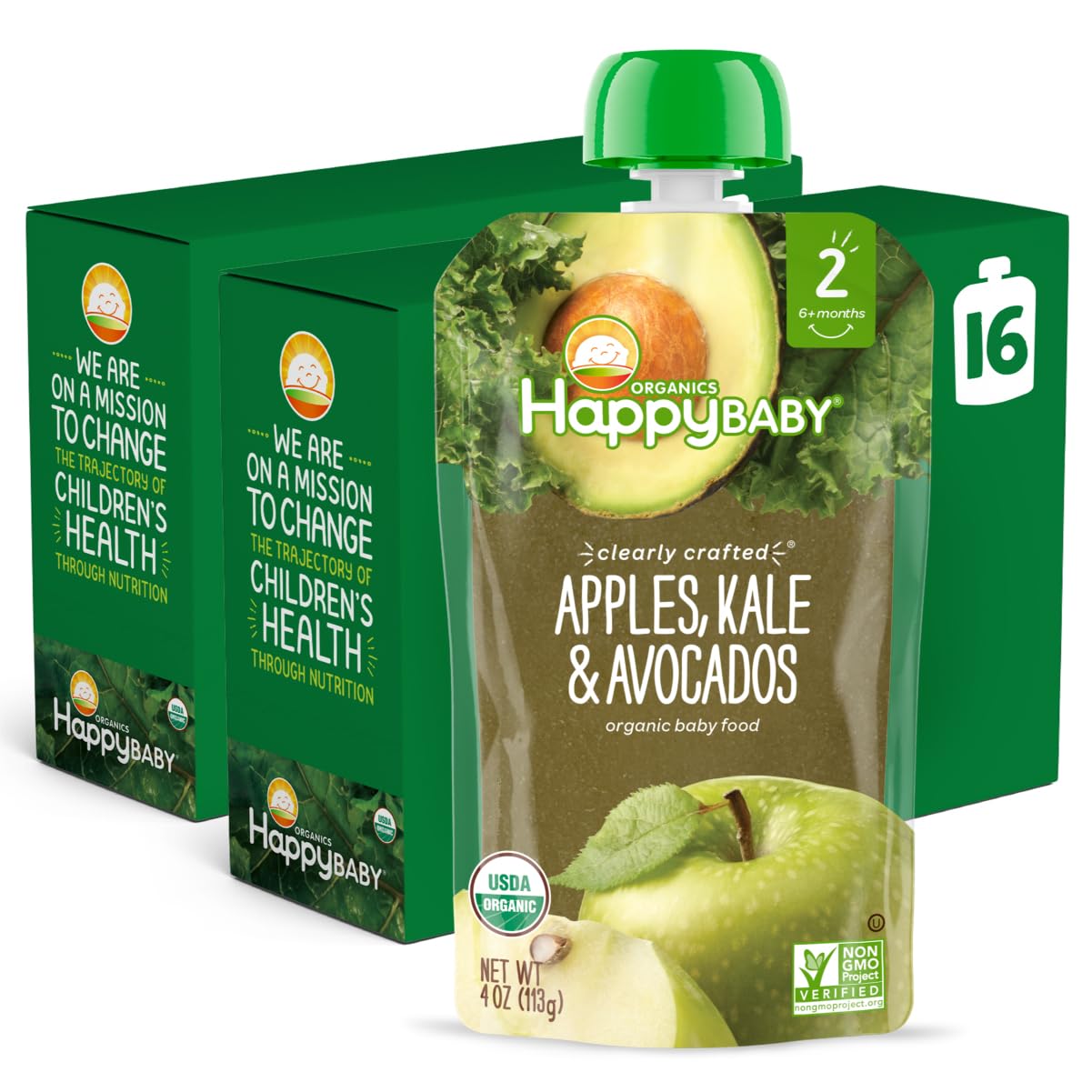 Happy Baby Organics Stage 2 Baby Food Pouches, Gluten Free, Vegan & Healthy Snack, Clearly Crafted Fruit & Veggie Puree, Apples, Kale & Avocados