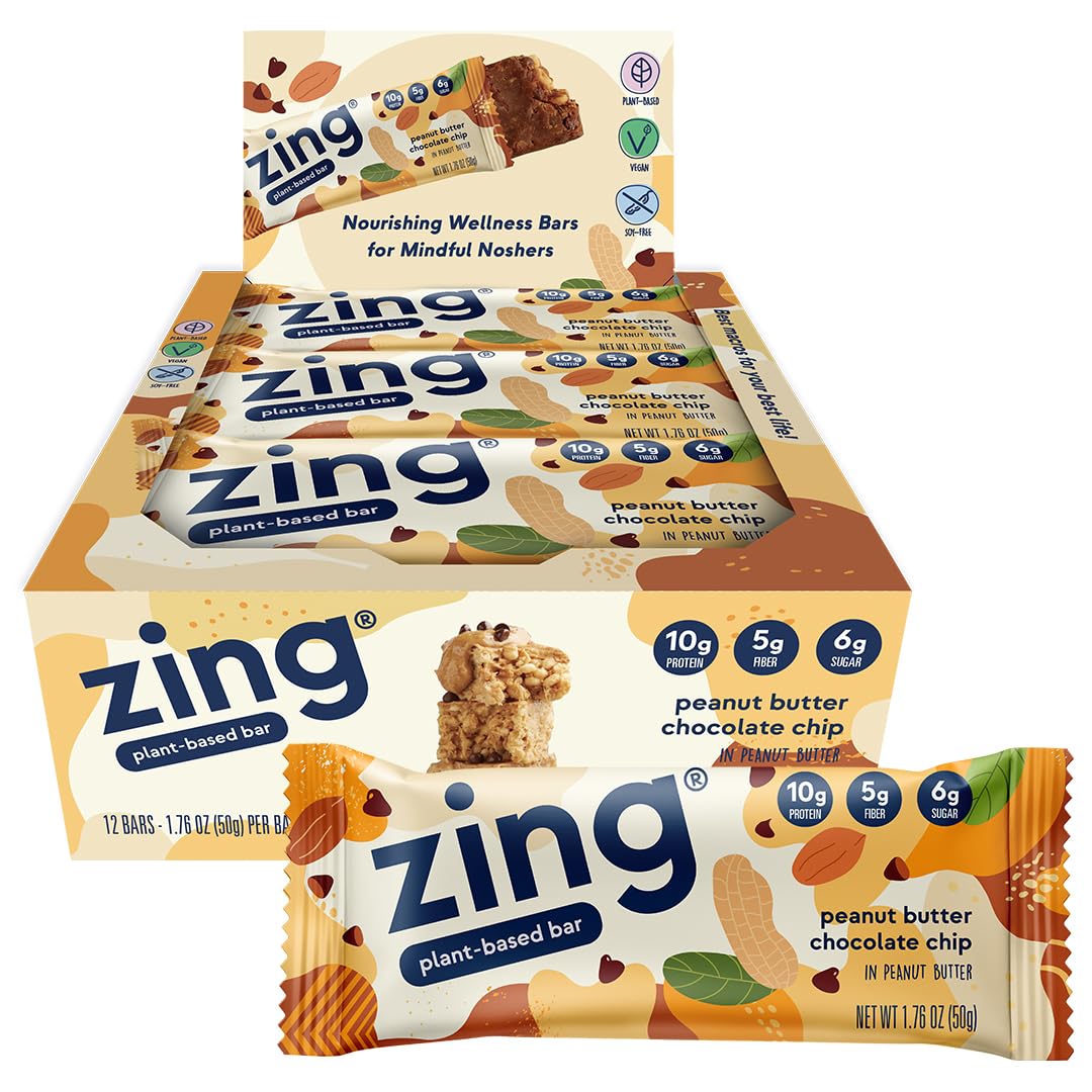Zing Bars Zing Peanut Butter Chocolate Chip Vegan Protein Bars, Gluten Free with High Protein, High Fiber, Dairy Free Nutrition Bars, Plant Based Protein, Kosher, Low Sugar, No Sugar Alcohols