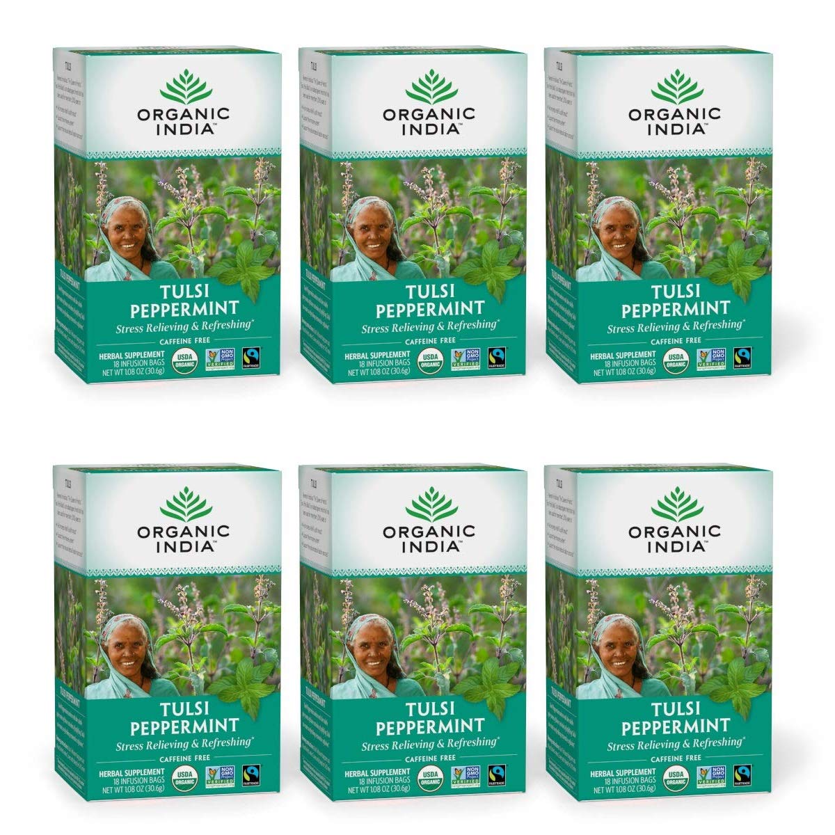Organic India Tulsi Peppermint Tea - Caffeine Free Herbal Mint Tea - Stress Relieving Holy Basil, Immune Support, Aids Digestion, Vegan, USDA Certified Organic, Fairtrade - 18 Infusion Bags, 6 Pack