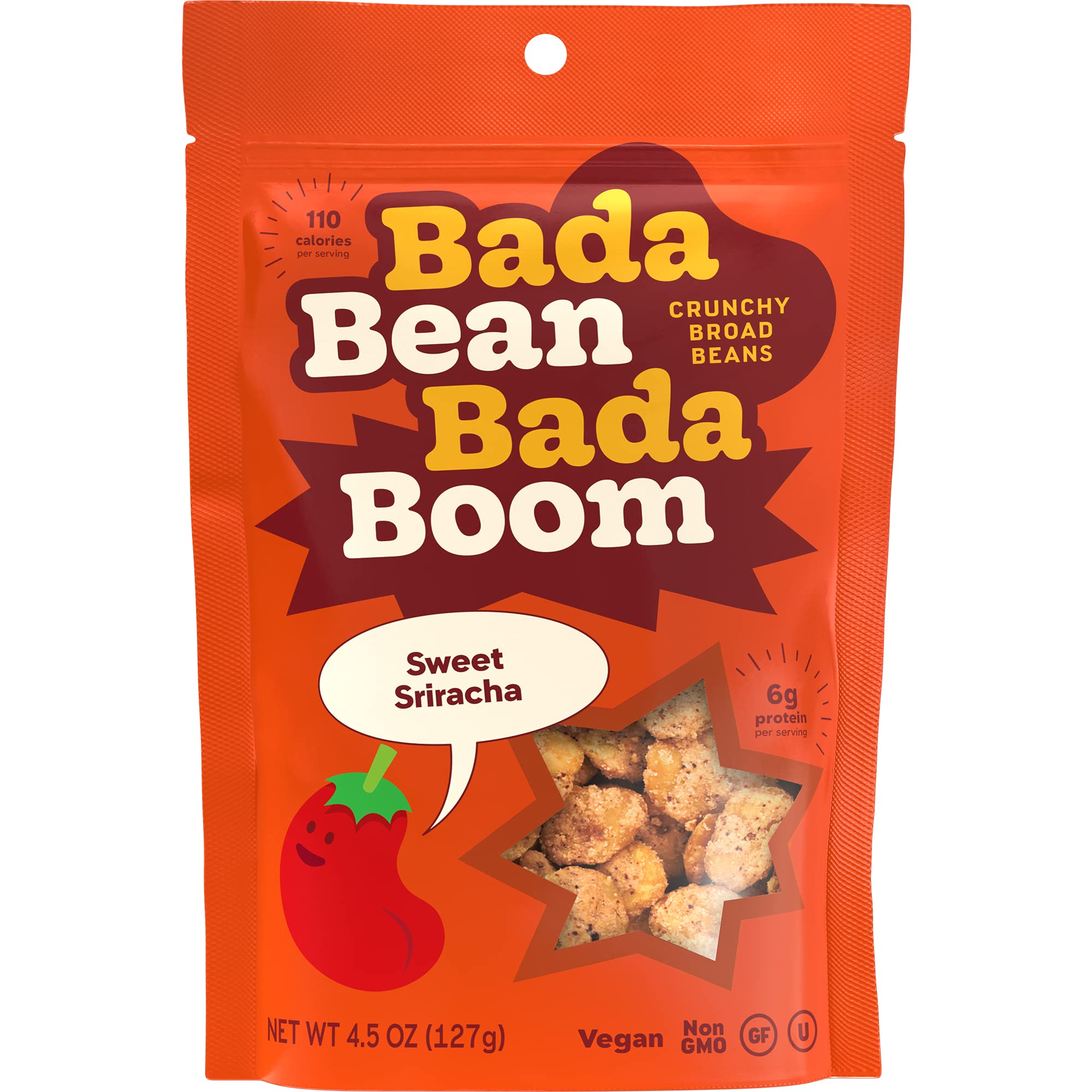 Bada Bean Bada Boom - Plant-Based Protein, Gluten Free, Vegan, Crunchy Roasted Broad (Fava) Bean Snacks, 110 Calories per Serving, Sweet Sriracha