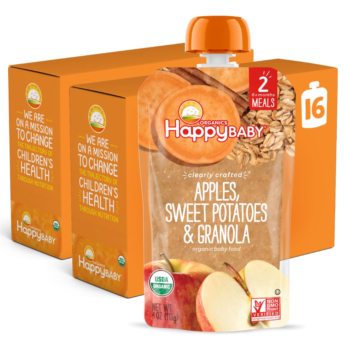 Happy Baby Organics Stage 2 Baby Food Pouches, Gluten Free, Vegan & Healthy Snack, Clearly Crafted Fruit & Veggie Puree, Apples, Sweet Potatoes & Granola