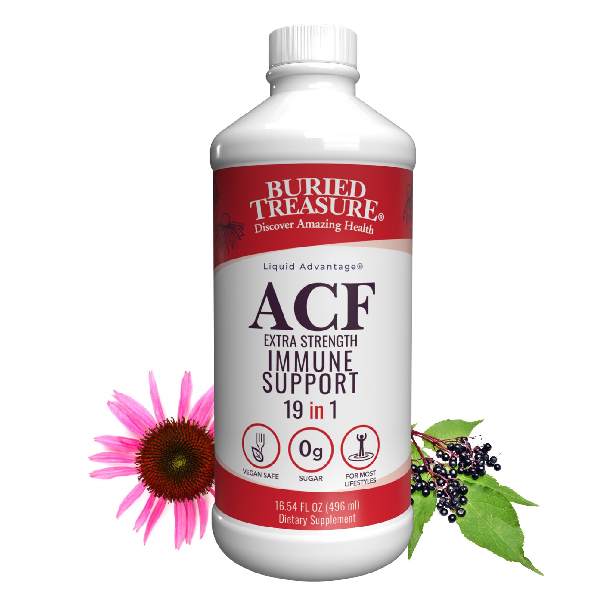 Buried Treasure ACF Extra Strength Liquid Immune Support – 1000mg Vitamin C, Elderberry, Zinc & Echinacea – Short-Term Adult Wellness Supplement