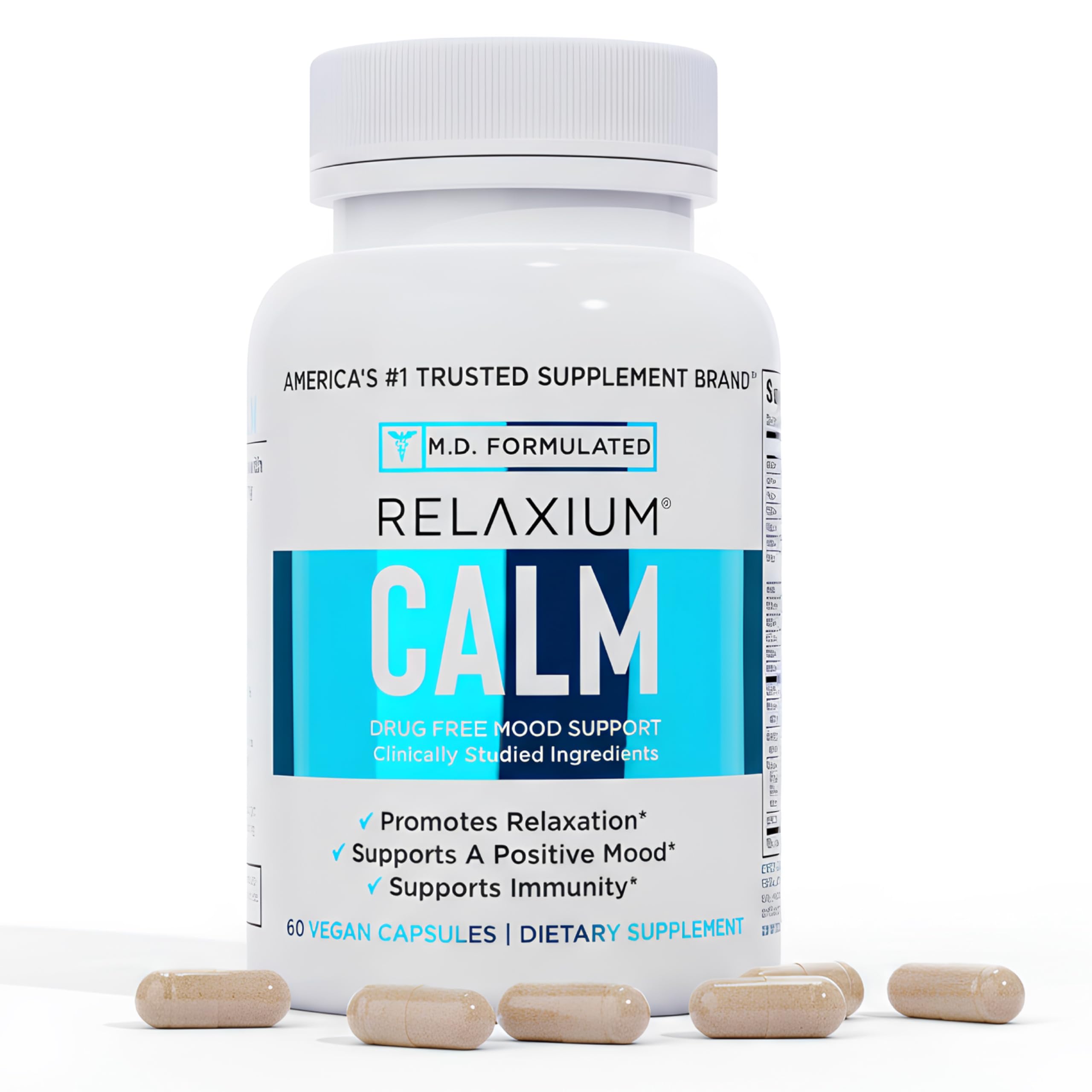 Relaxium Calm - Stress, Mood + Immune Support Supplement, Non-Habit Forming with Ashwagandha, 5-HTP & GABA, Mushroom Blend. Made in USA