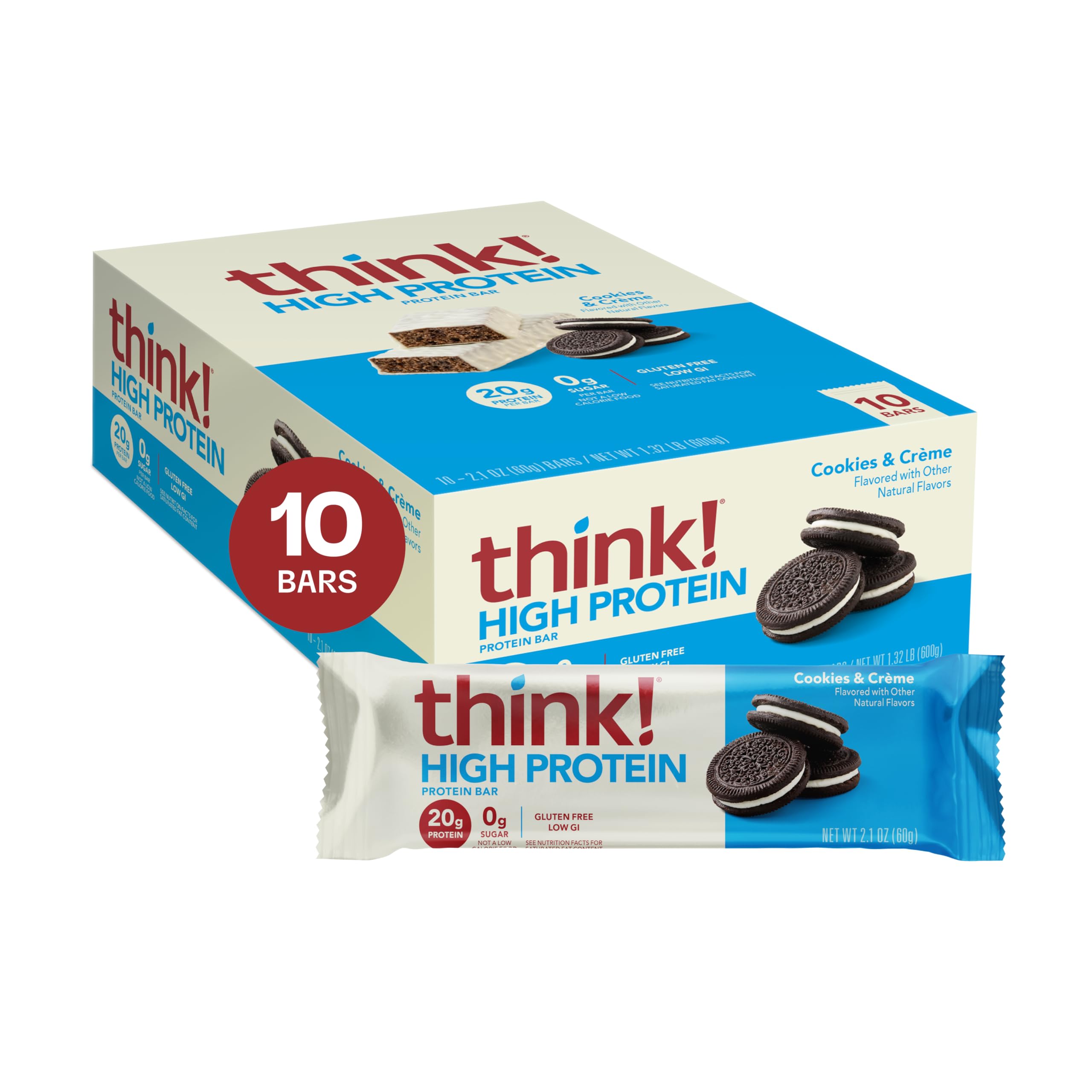 Think! Protein Bars, High Protein Snacks, Gluten Free, Kosher Friendly, Cookies and Crème, Nutrition Bars, 2.1 Oz per Bar, 10 Count (Packaging May Vary)
