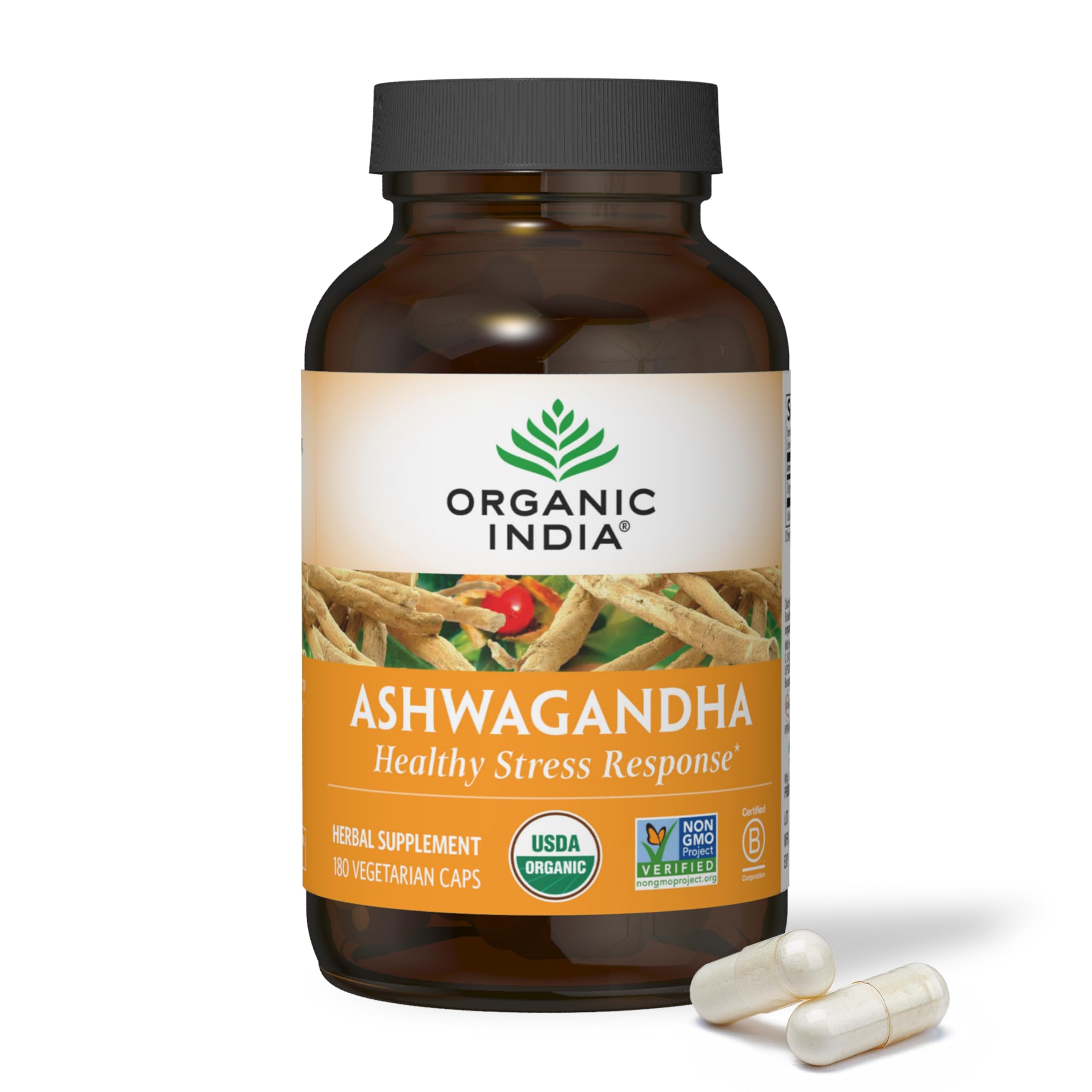 Organic India Ashwagandha Capsules - Organic Ashwagandha Supplement - Vegan Ashwagandha Root, Gluten-Free, Kosher, Non-GMO, Supports Stress Relief, Energy, and Sleep