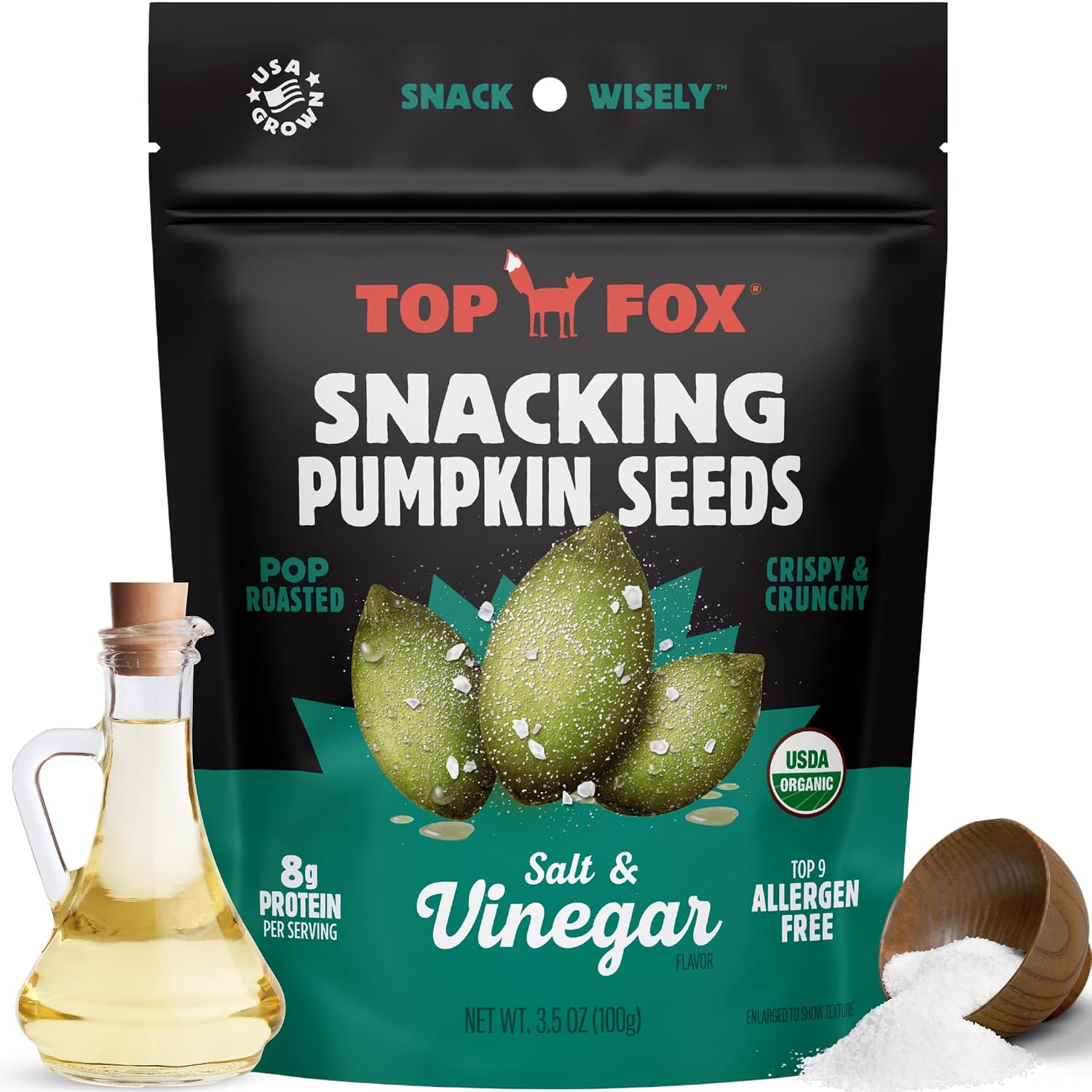 TOP FOX (Pack of 18) Top Fox Roasted Pumpkin Seeds Sea Salt Vinegar 3.5 Oz