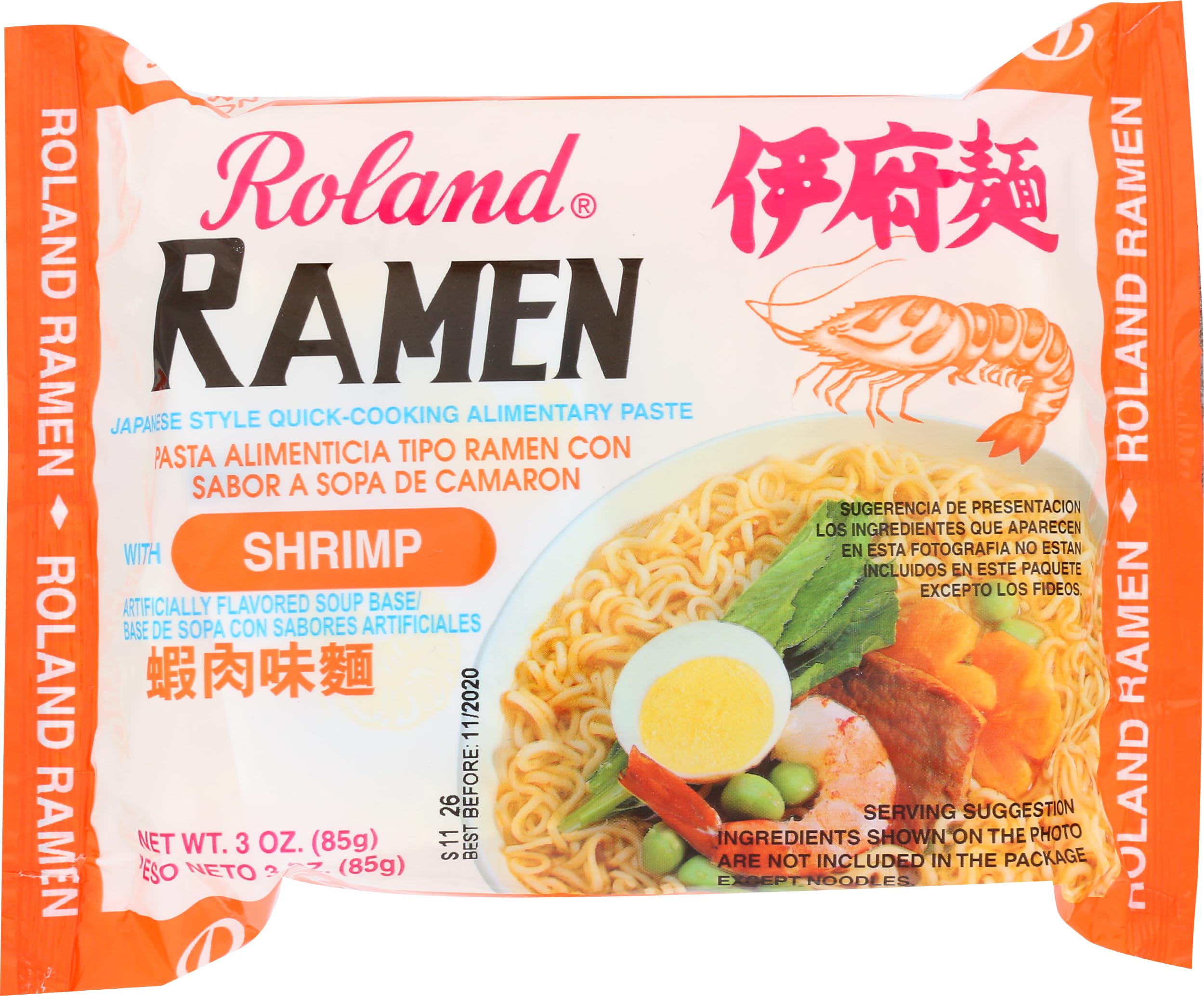 ROLAND (Pack of 90) Roland Ramen Shrimp Single Serve Instant Ramen Noodle Soup 3.05 Oz