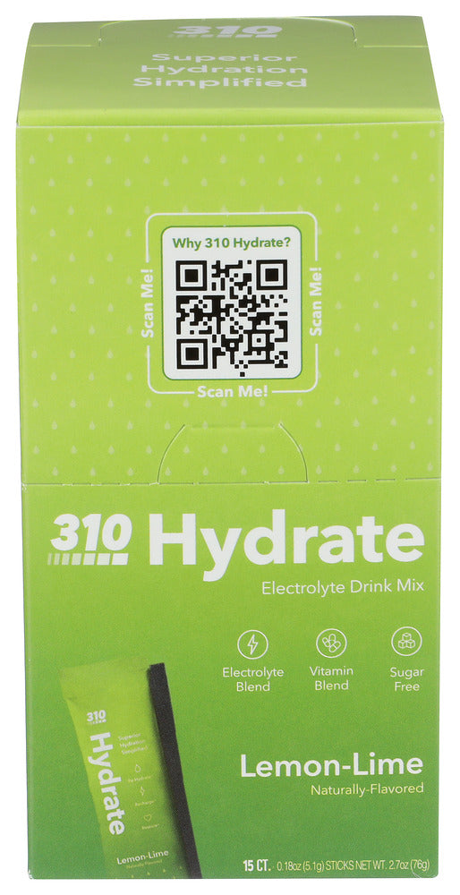 310 NUTRITION (Pack of 4) 310 Nutrition Hydrate Lemon Lime Electrolyte Drink Mix 15 Pc 2.7 Oz