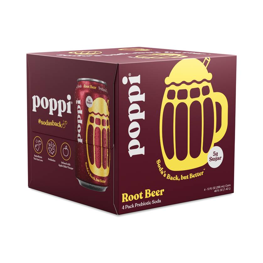 Poppi Soda Prebiotic Root Beer 48 Fl Oz, (4 Cans per Pack), 24 Cans Total