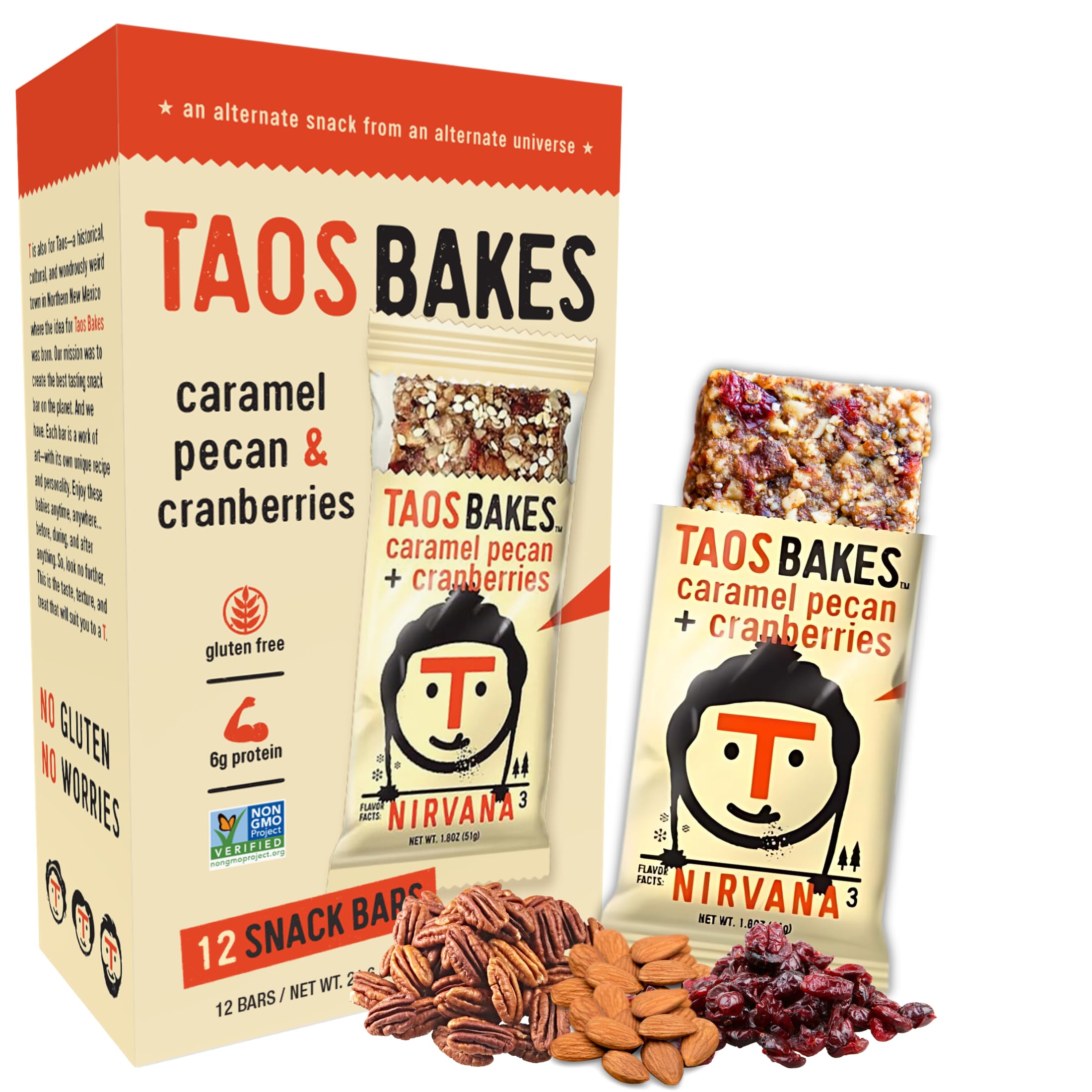 Taos Bakes Caramel Pecan + Cranberries - Breakfast Bars - 5g Fiber & Gluten Free - Healthy Snacks for Adults - Filled with Pecans, Cranberries, Sesame Seeds, & Chia Seeds - (12 Pack, 1.8oz Bars)