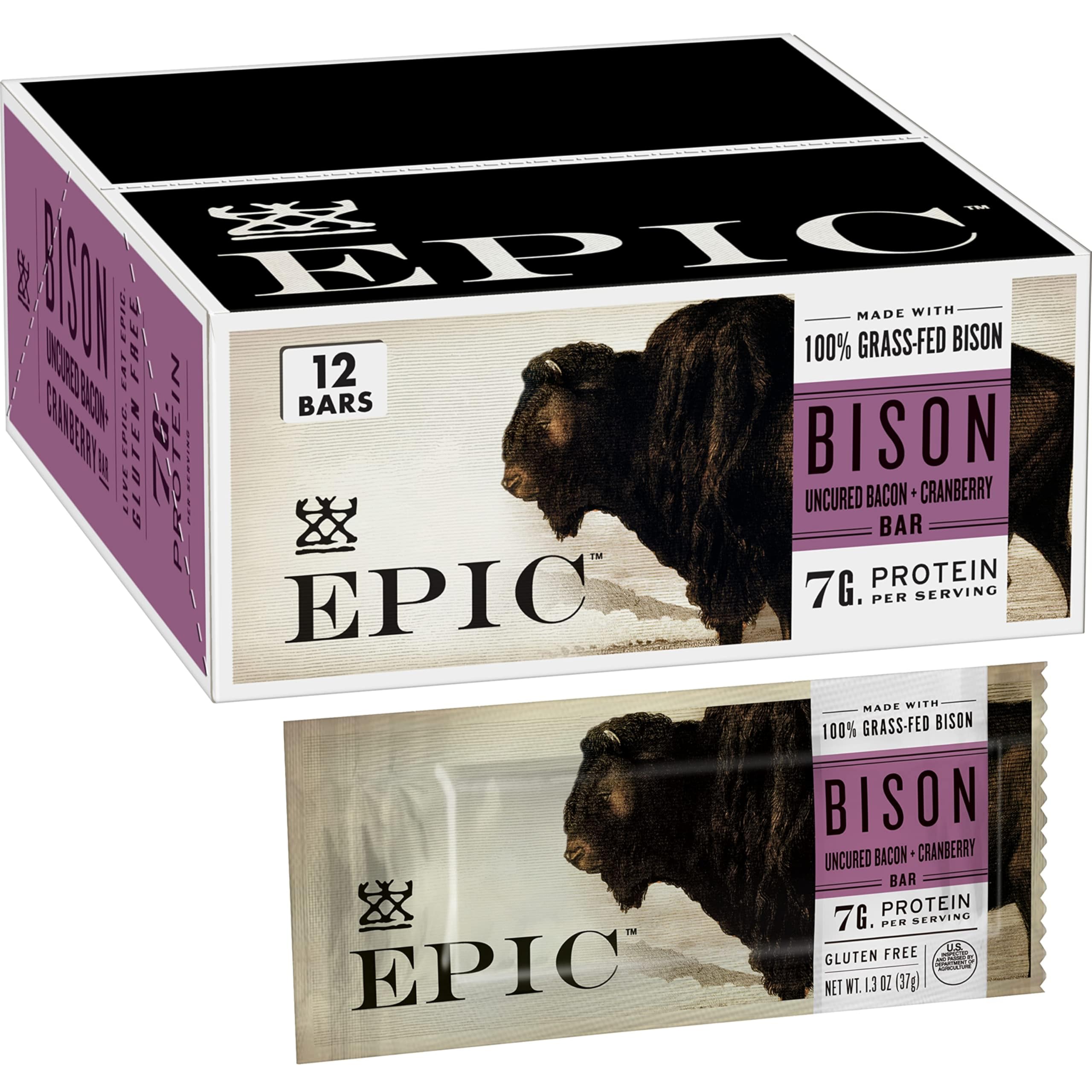 Epic Bison Uncured Bacon and Cranberry Bars, Grass-Fed, Protein Bar, 12 Count