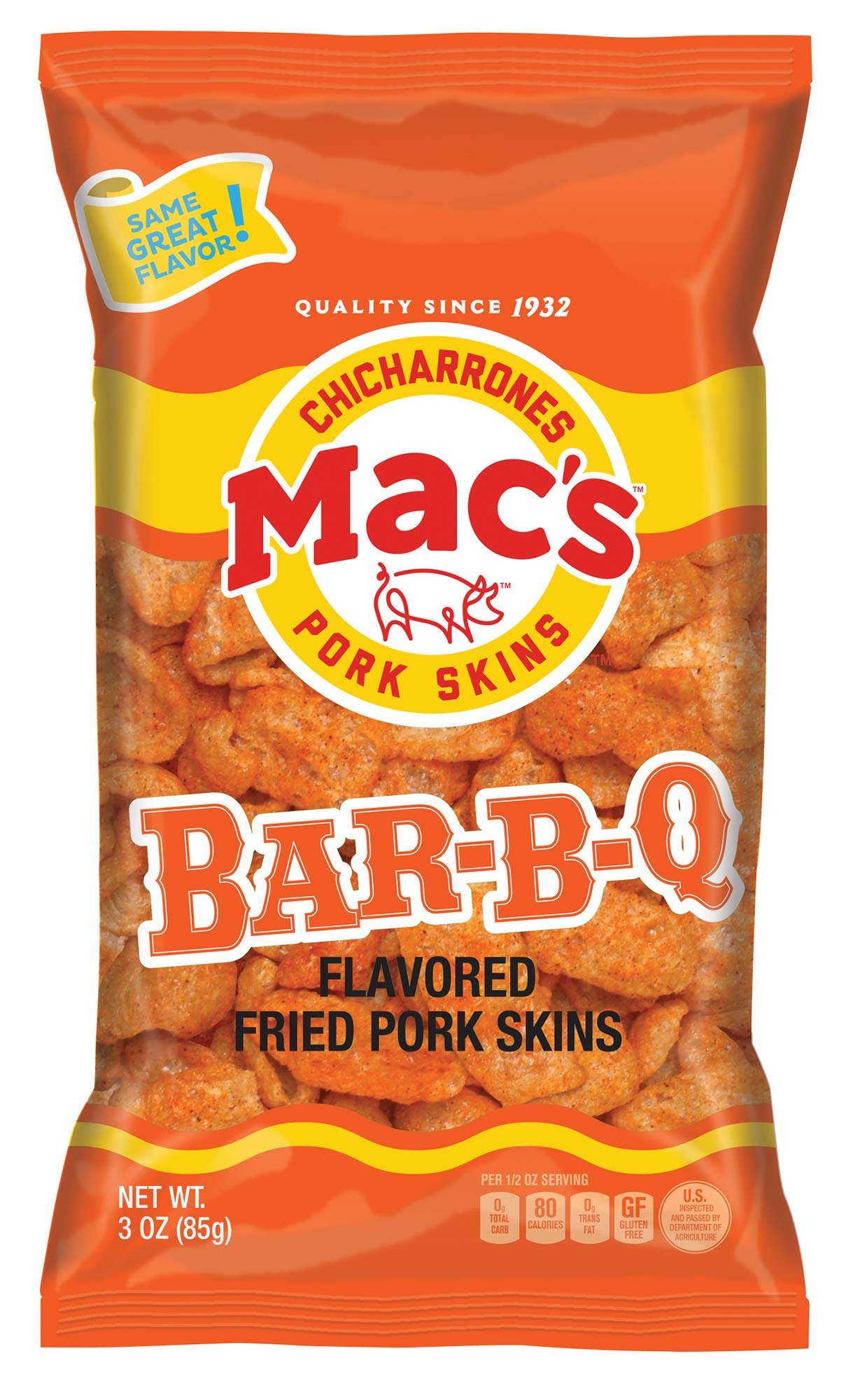 MACS (Pack of 24) Mac's Pork Skins BBQ Pork Rinds Natural Grocery 3 Oz