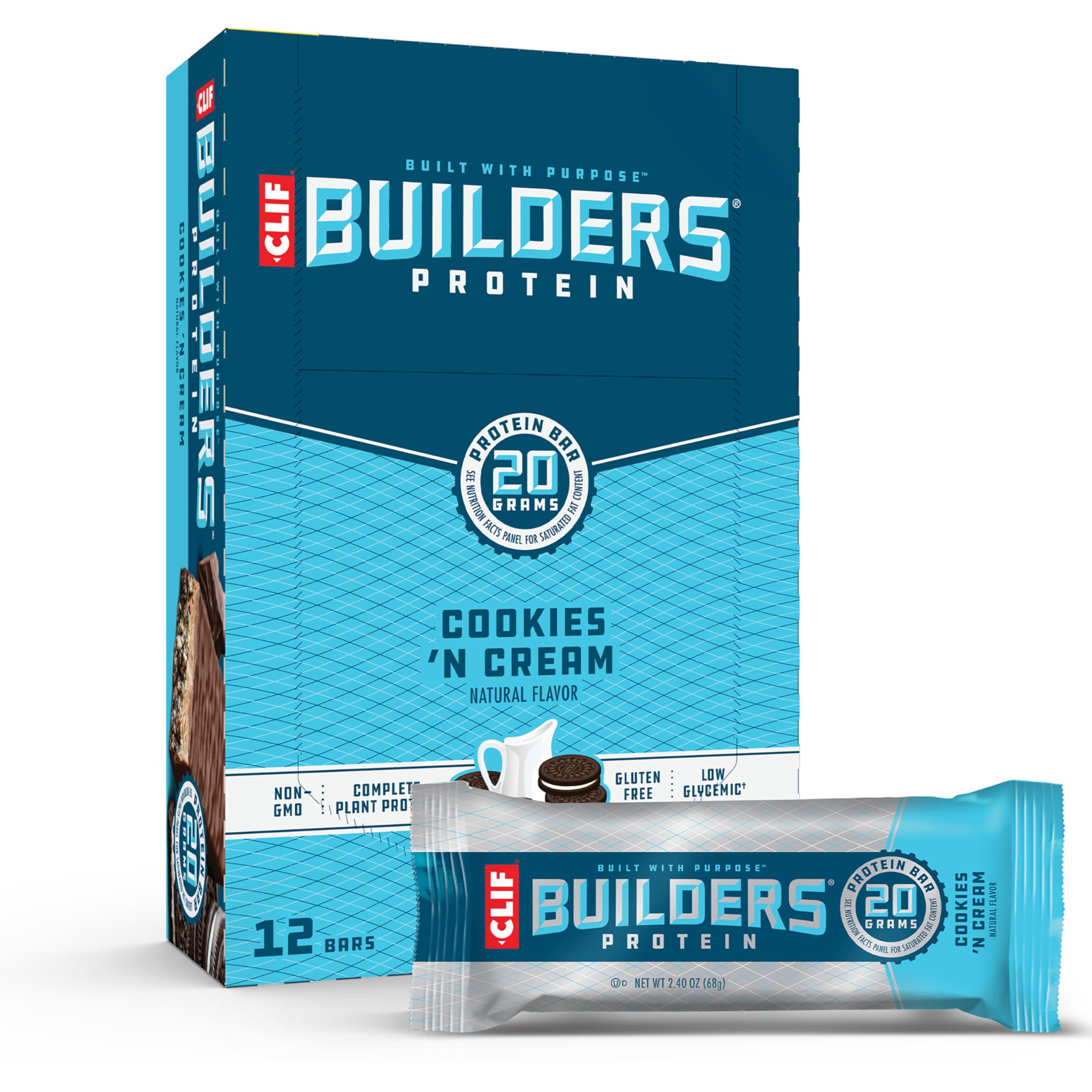 Clif BuilderS Protein Bars - Cookies 'n Cream Flavor - 20g Plant Based Protein - Gluten Free - Non-GMO - Low Glycemic - No Artificial Sweeteners - (12 Pack)