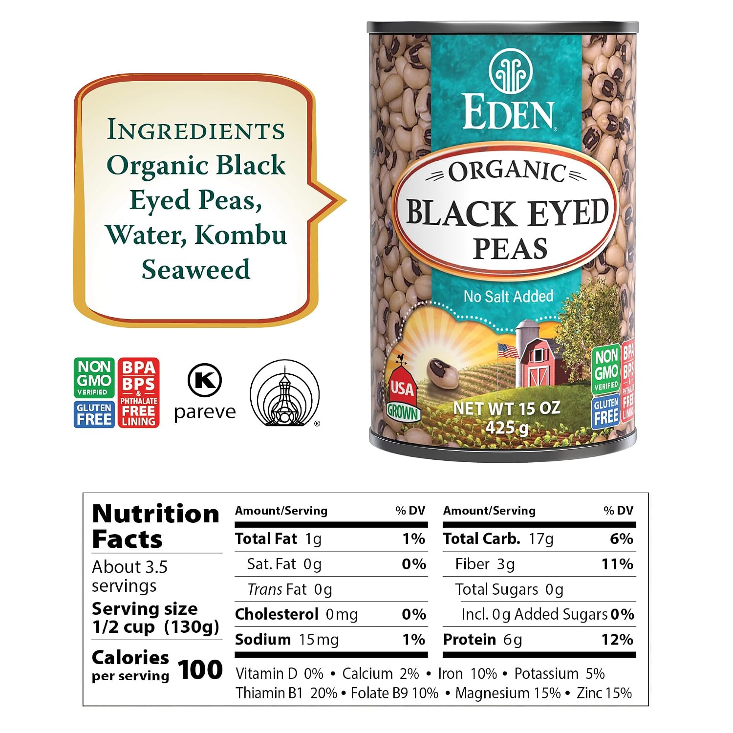 EDEN FOODS (Pack of 18) Eden Foods Black-Eye Peas Organic Canned Beans 15 Oz